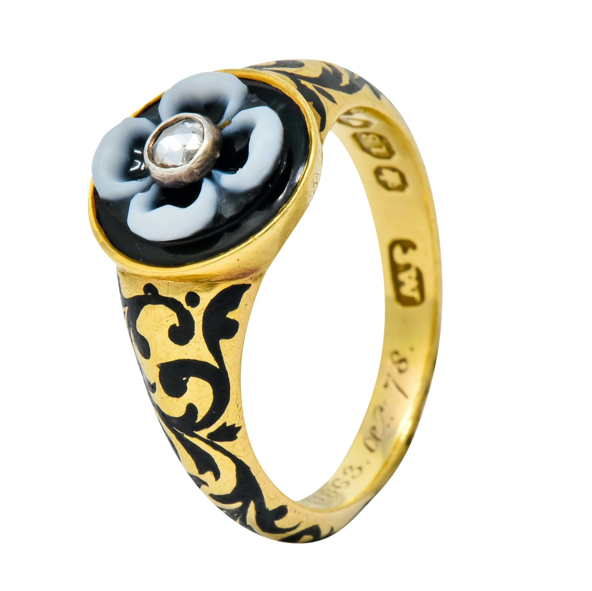 British 1882 Victorian Diamond Onyx Enamel 18 Karat Gold Flower Mourning Ring - Wilson's Estate Jewelry