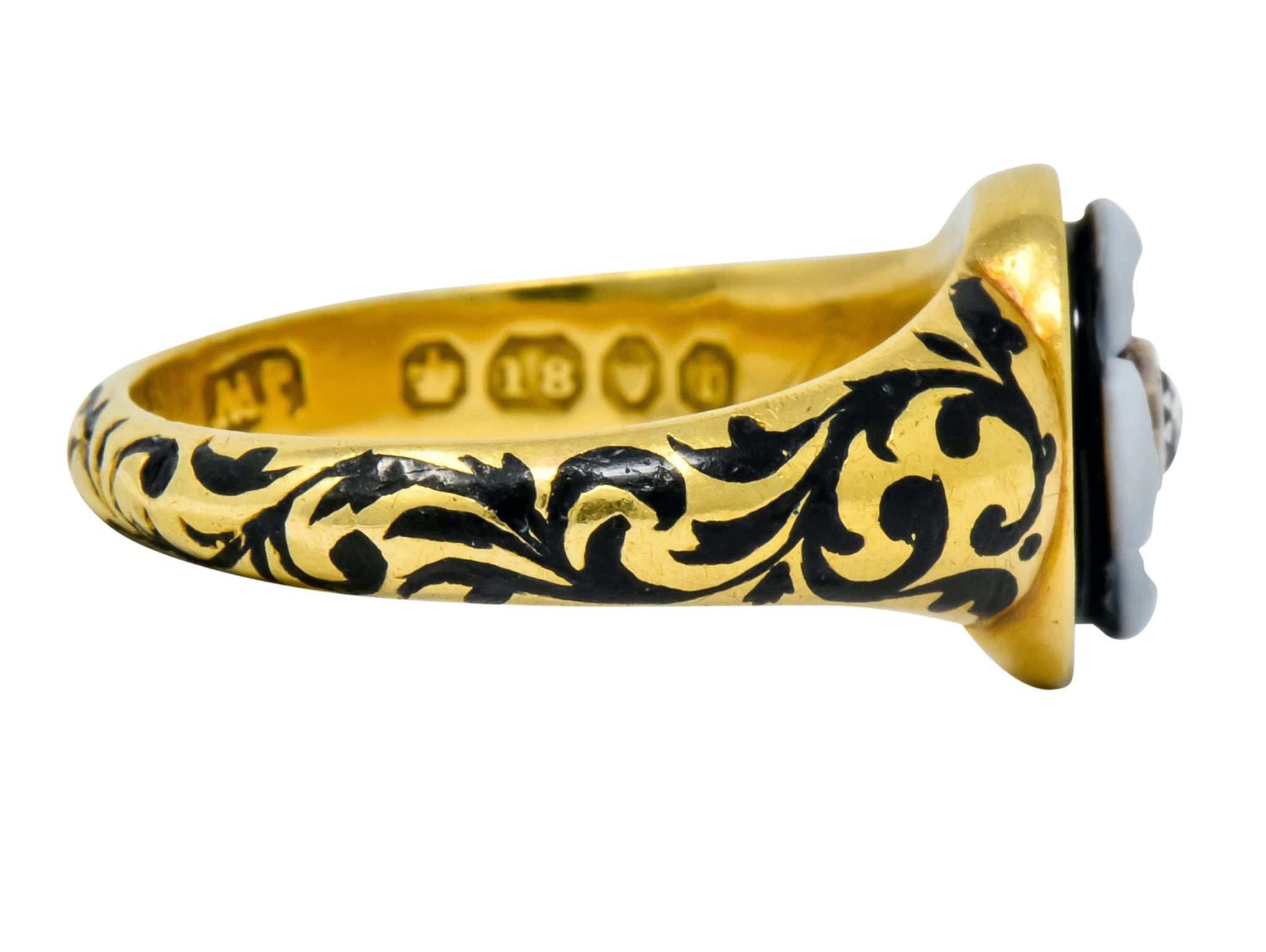 British 1882 Victorian Diamond Onyx Enamel 18 Karat Gold Flower Mourning Ring - Wilson's Estate Jewelry