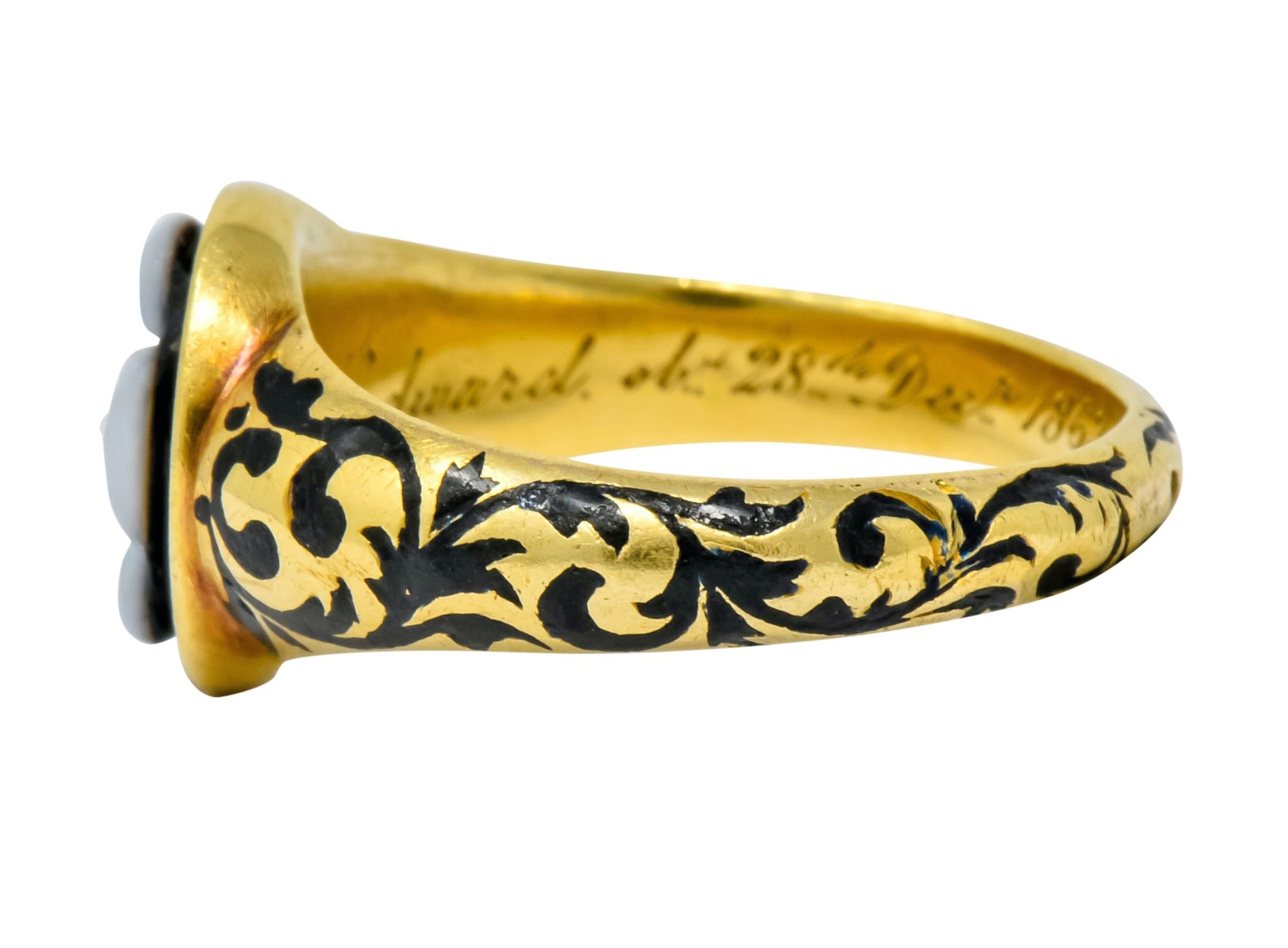 British 1882 Victorian Diamond Onyx Enamel 18 Karat Gold Flower Mourning Ring - Wilson's Estate Jewelry
