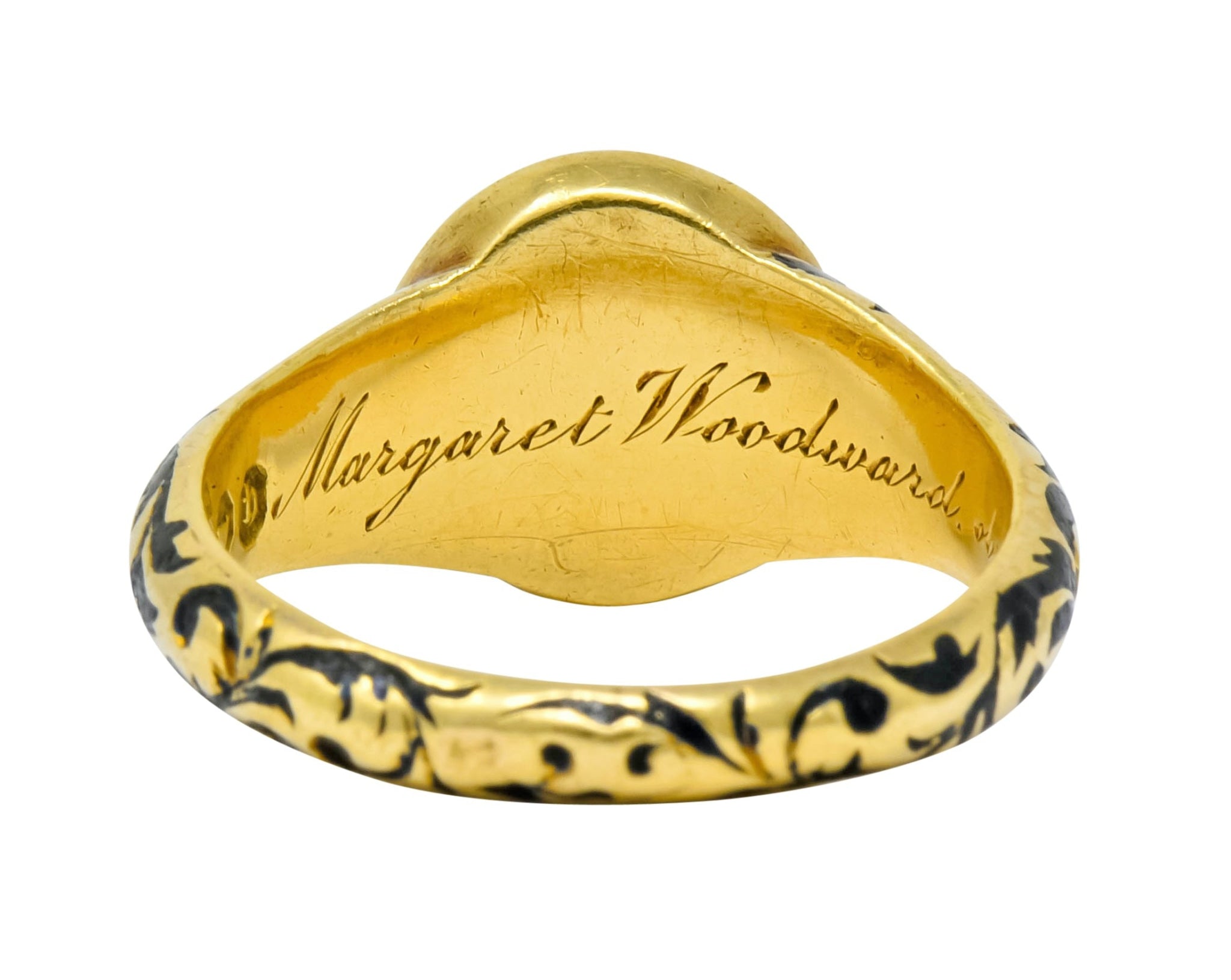 British 1882 Victorian Diamond Onyx Enamel 18 Karat Gold Flower Mourning Ring - Wilson's Estate Jewelry