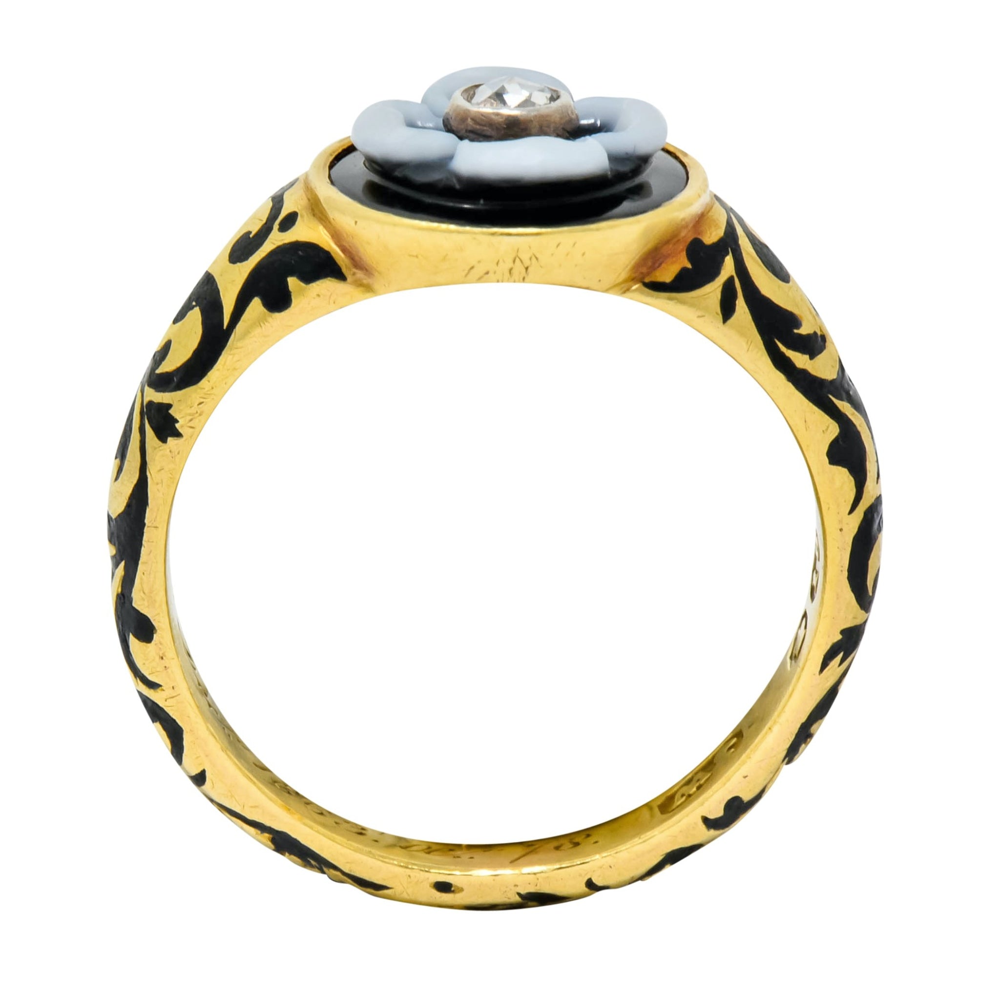 British 1882 Victorian Diamond Onyx Enamel 18 Karat Gold Flower Mourning Ring - Wilson's Estate Jewelry