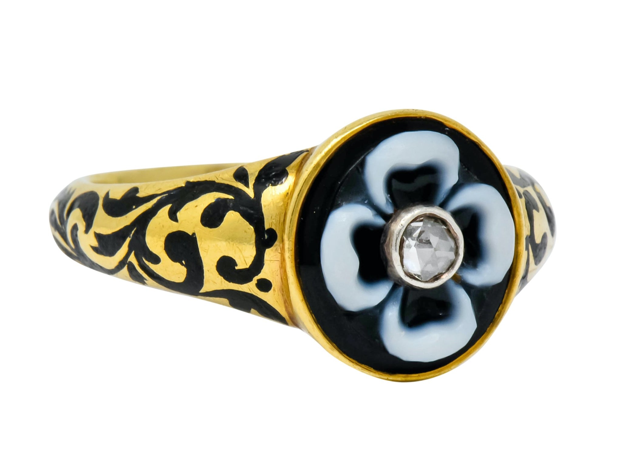 British 1882 Victorian Diamond Onyx Enamel 18 Karat Gold Flower Mourning Ring - Wilson's Estate Jewelry