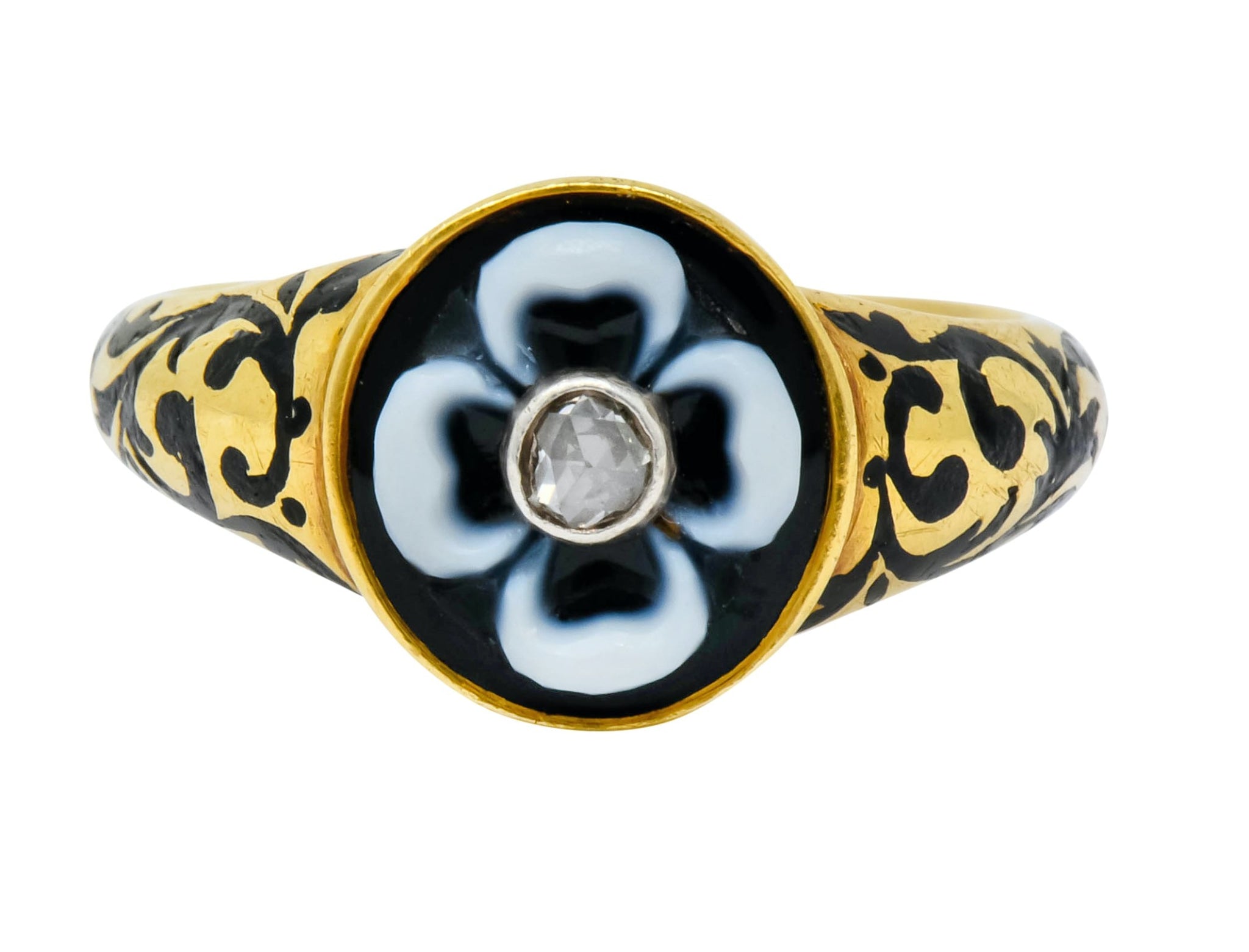 British 1882 Victorian Diamond Onyx Enamel 18 Karat Gold Flower Mourning Ring - Wilson's Estate Jewelry