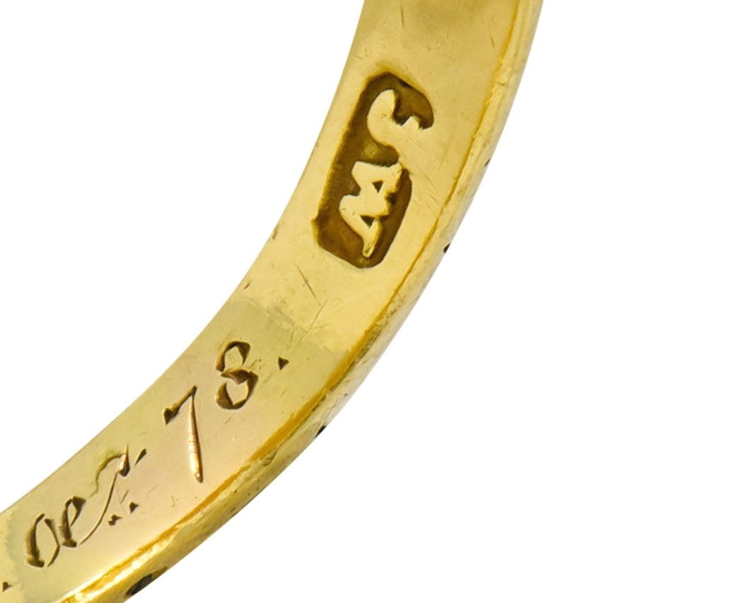 British 1882 Victorian Diamond Onyx Enamel 18 Karat Gold Flower Mourning Ring - Wilson's Estate Jewelry