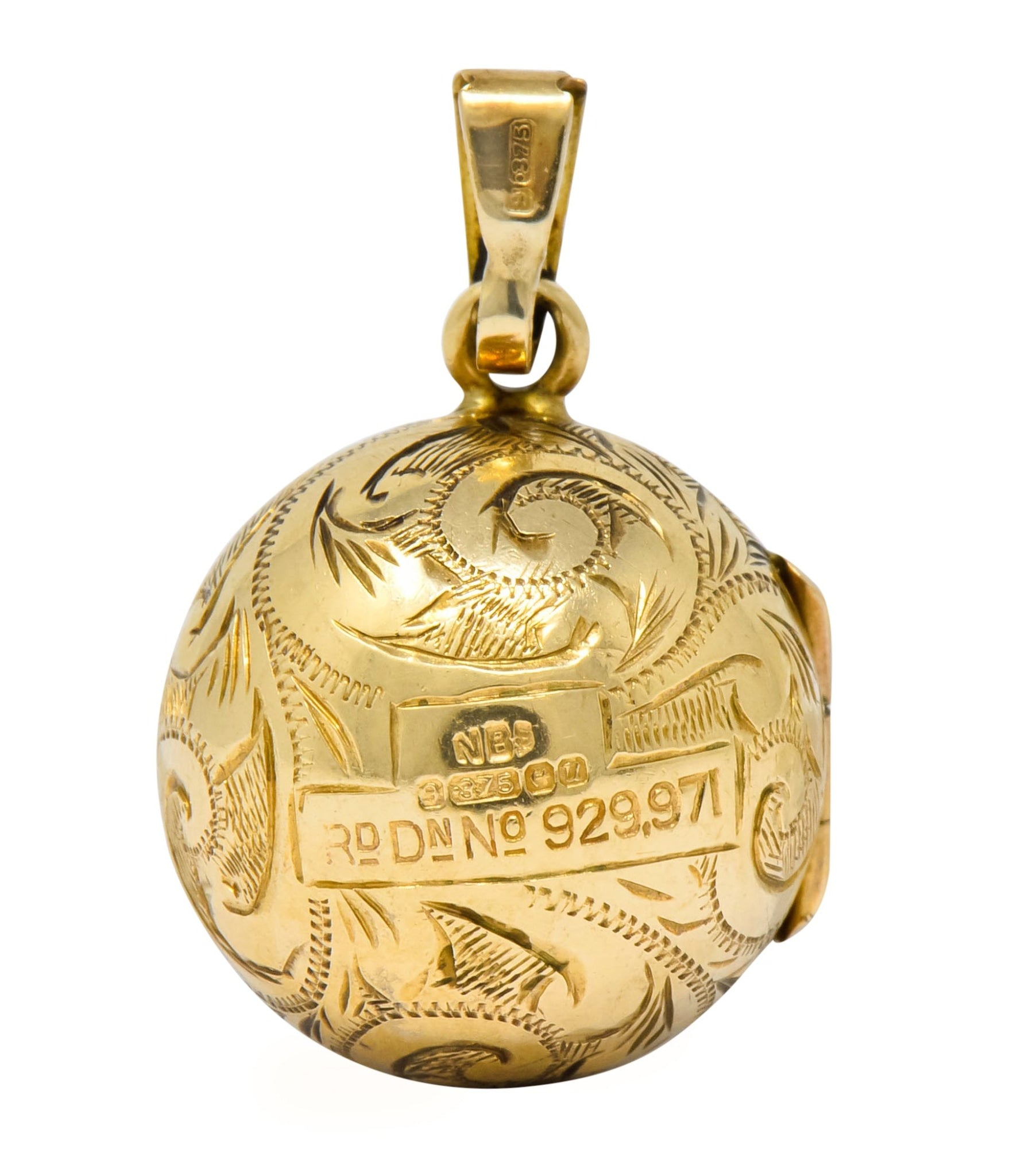 British 9 Karat Yellow Gold Engraved Ball Locket Pendant - Wilson's Estate Jewelry