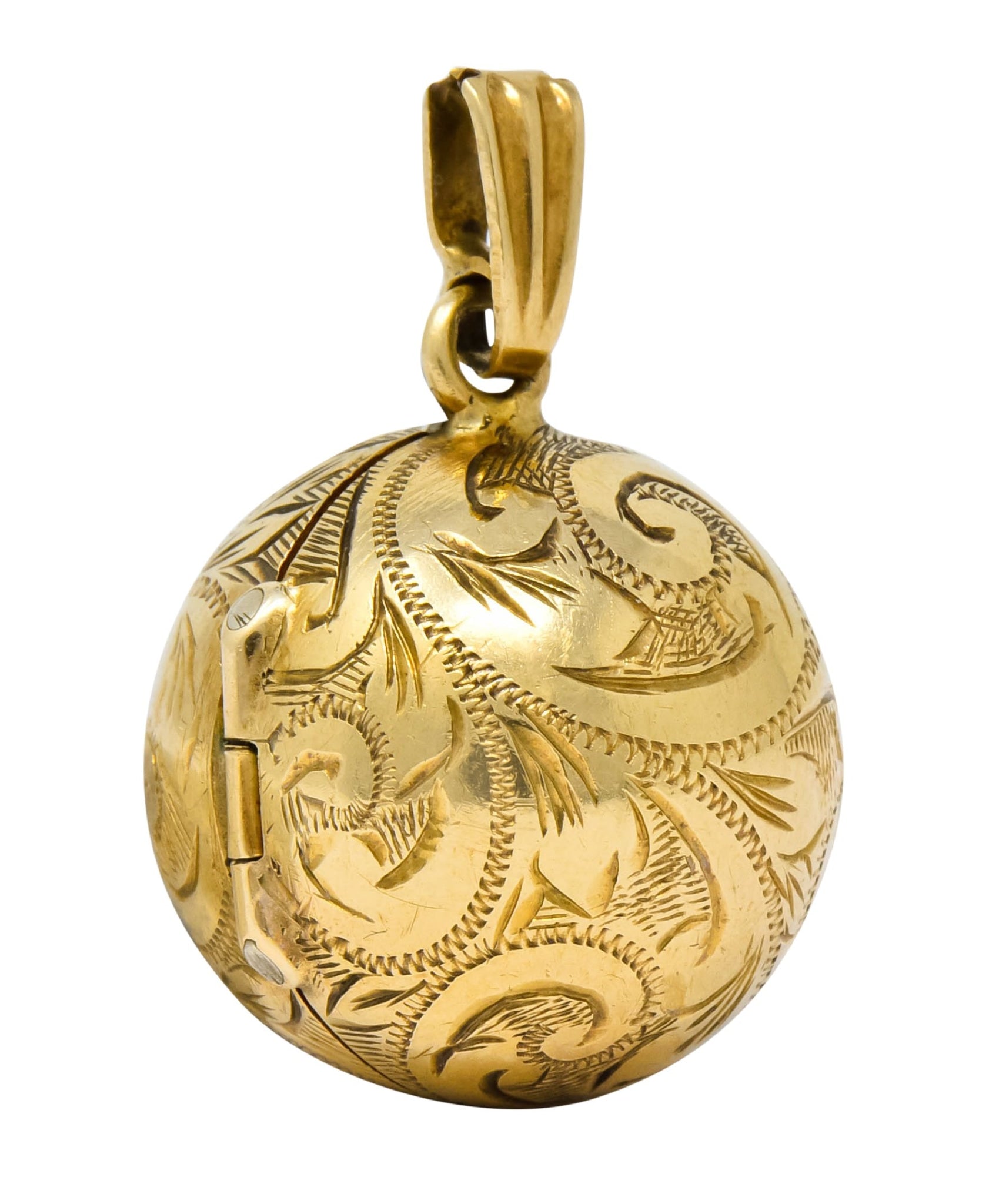 British 9 Karat Yellow Gold Engraved Ball Locket Pendant - Wilson's Estate Jewelry