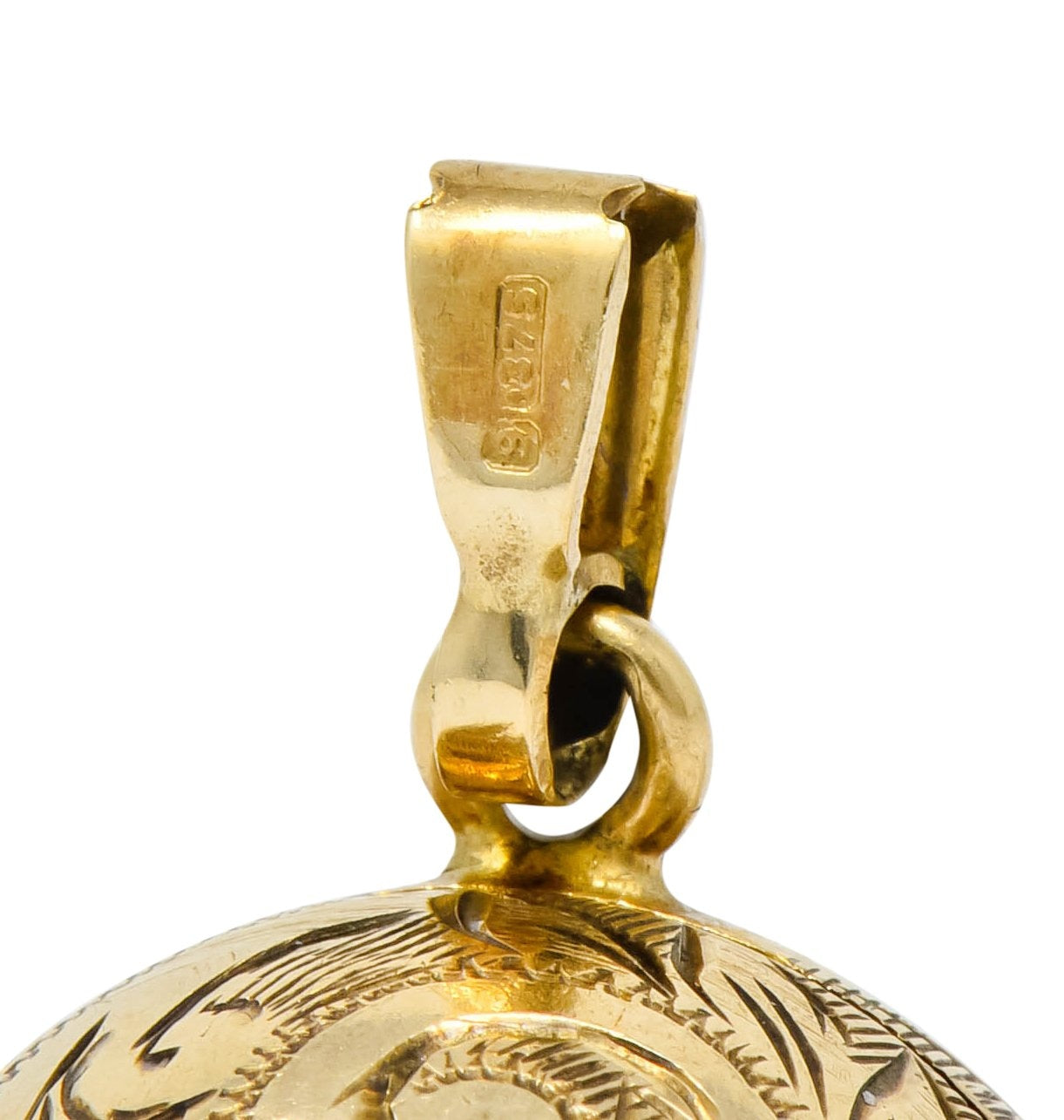 British 9 Karat Yellow Gold Engraved Ball Locket Pendant - Wilson's Estate Jewelry