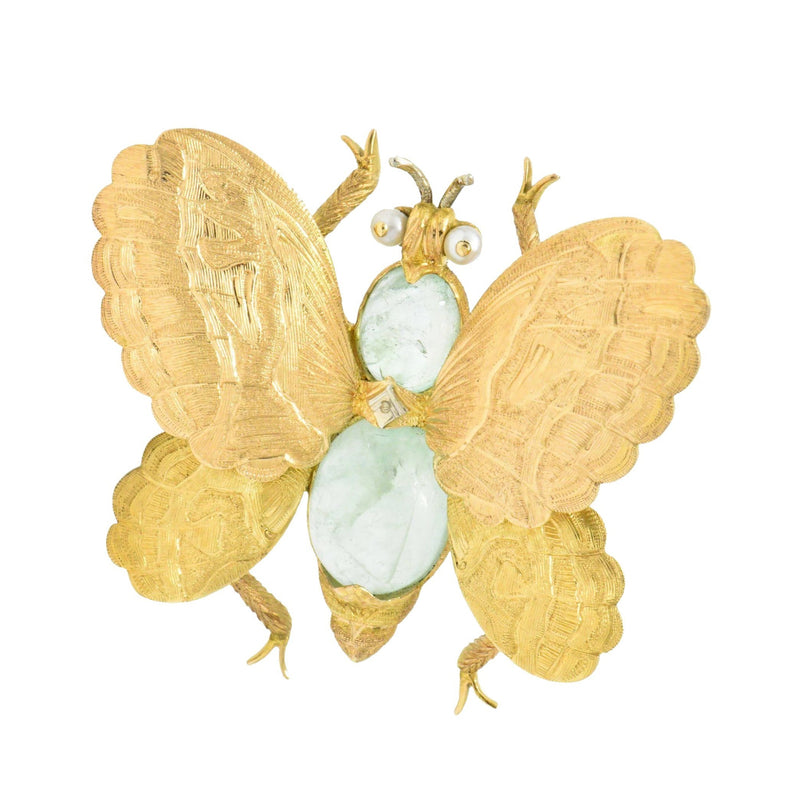 Buccellati 1960's 4.00 CTW Emerald Seed Pearl 18 Karat Gold Butterfly Brooch Wilson's Estate Jewelry