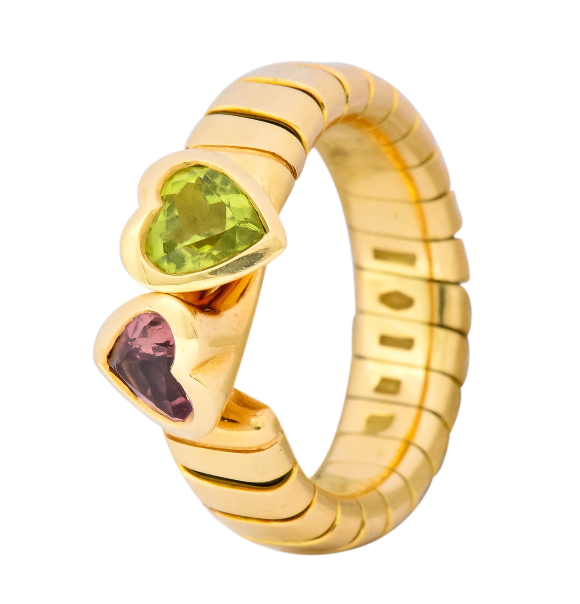 Bulgari 1.50 CTW Pink Tourmaline Peridot 18 Karat Yellow Gold Tubogas Heart Ring - Wilson's Estate Jewelry