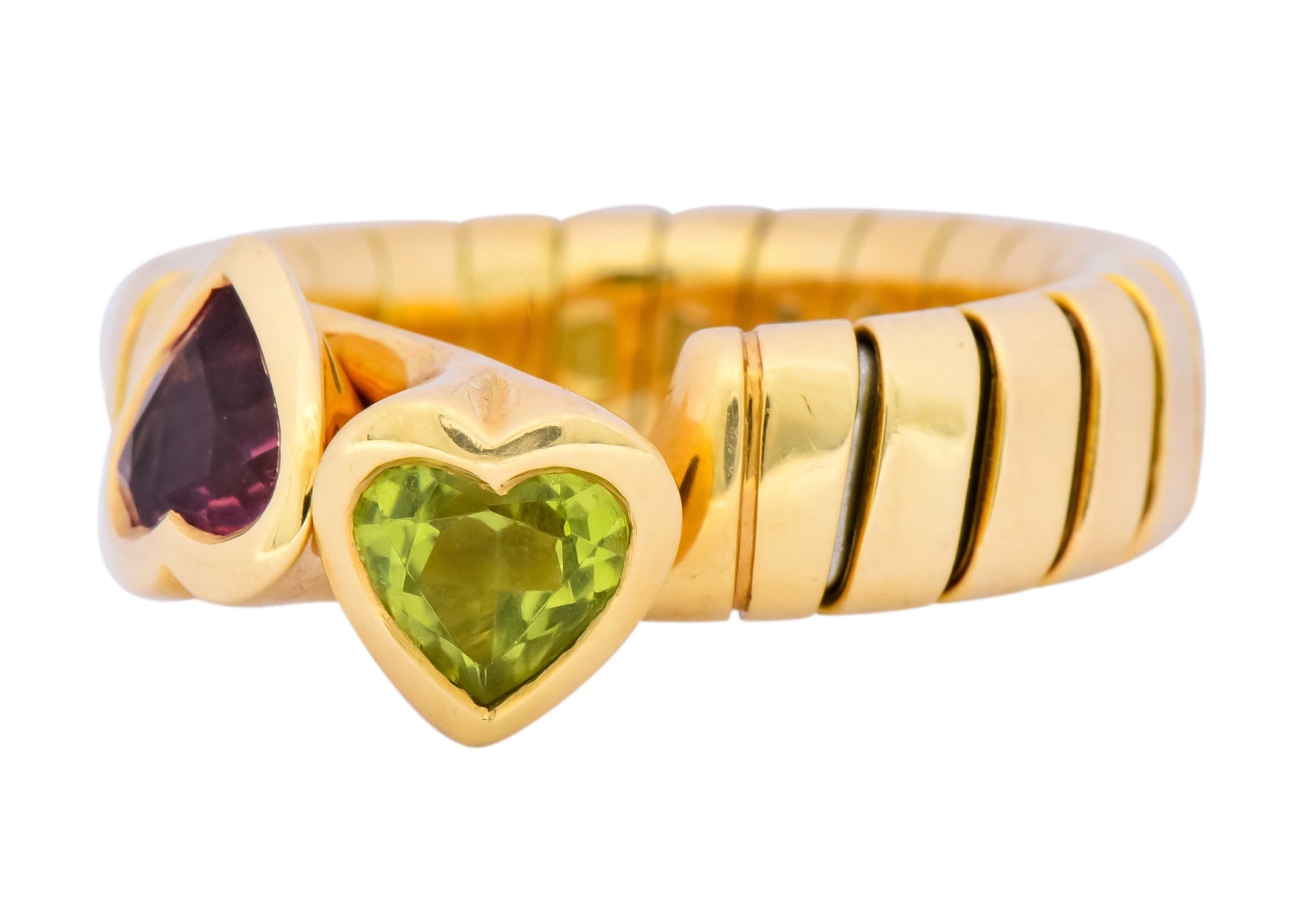 Bulgari 1.50 CTW Pink Tourmaline Peridot 18 Karat Yellow Gold Tubogas Heart Ring - Wilson's Estate Jewelry