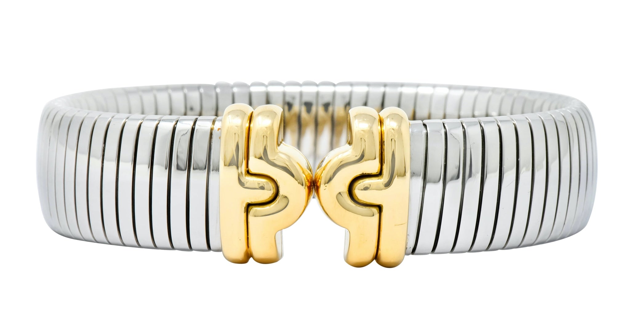 Bulgari 18 Karat Gold Steel Parentesi Tubogas Cuff Bracelet - Wilson's Estate Jewelry