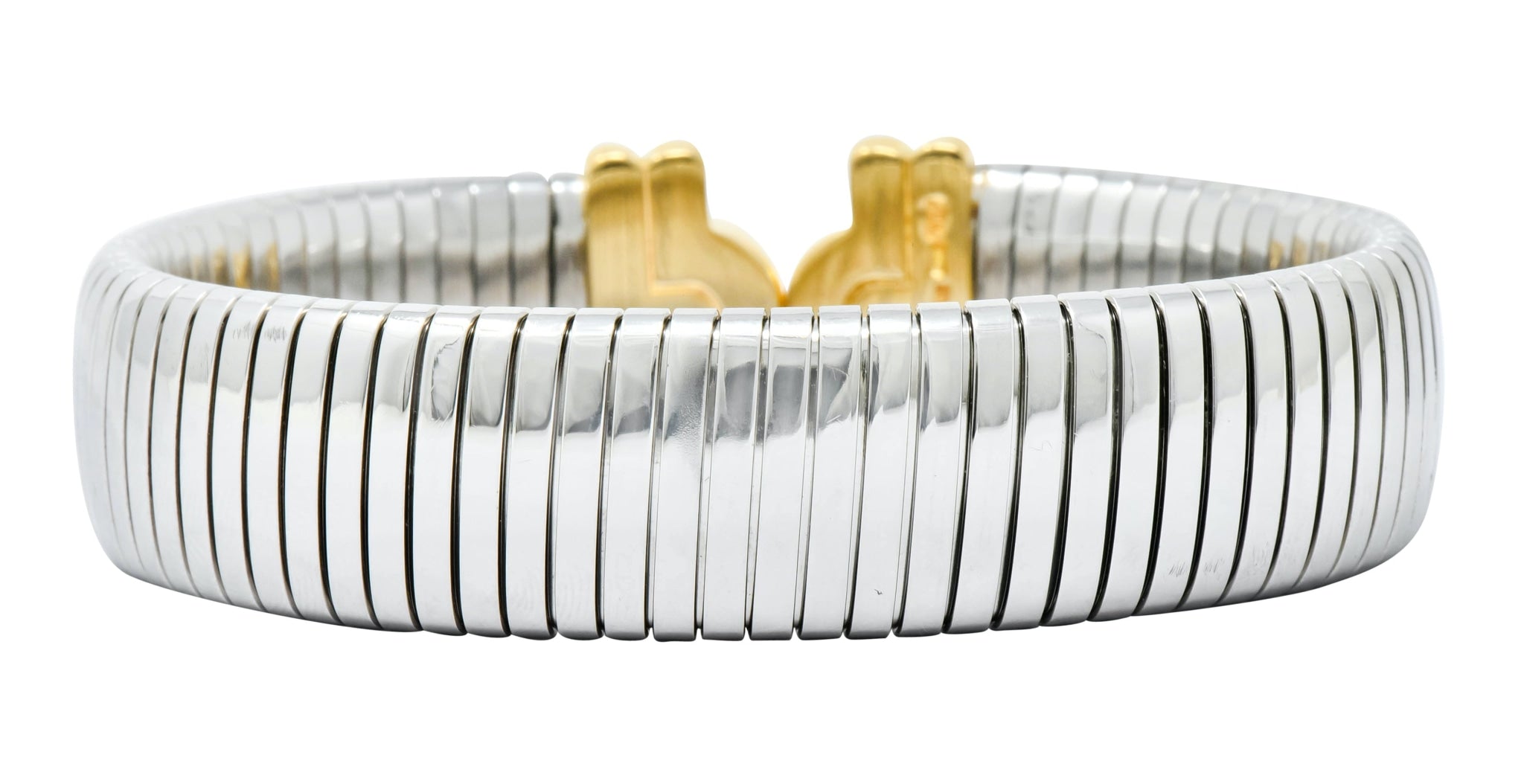 Bulgari 18 Karat Gold Steel Parentesi Tubogas Cuff Bracelet - Wilson's Estate Jewelry