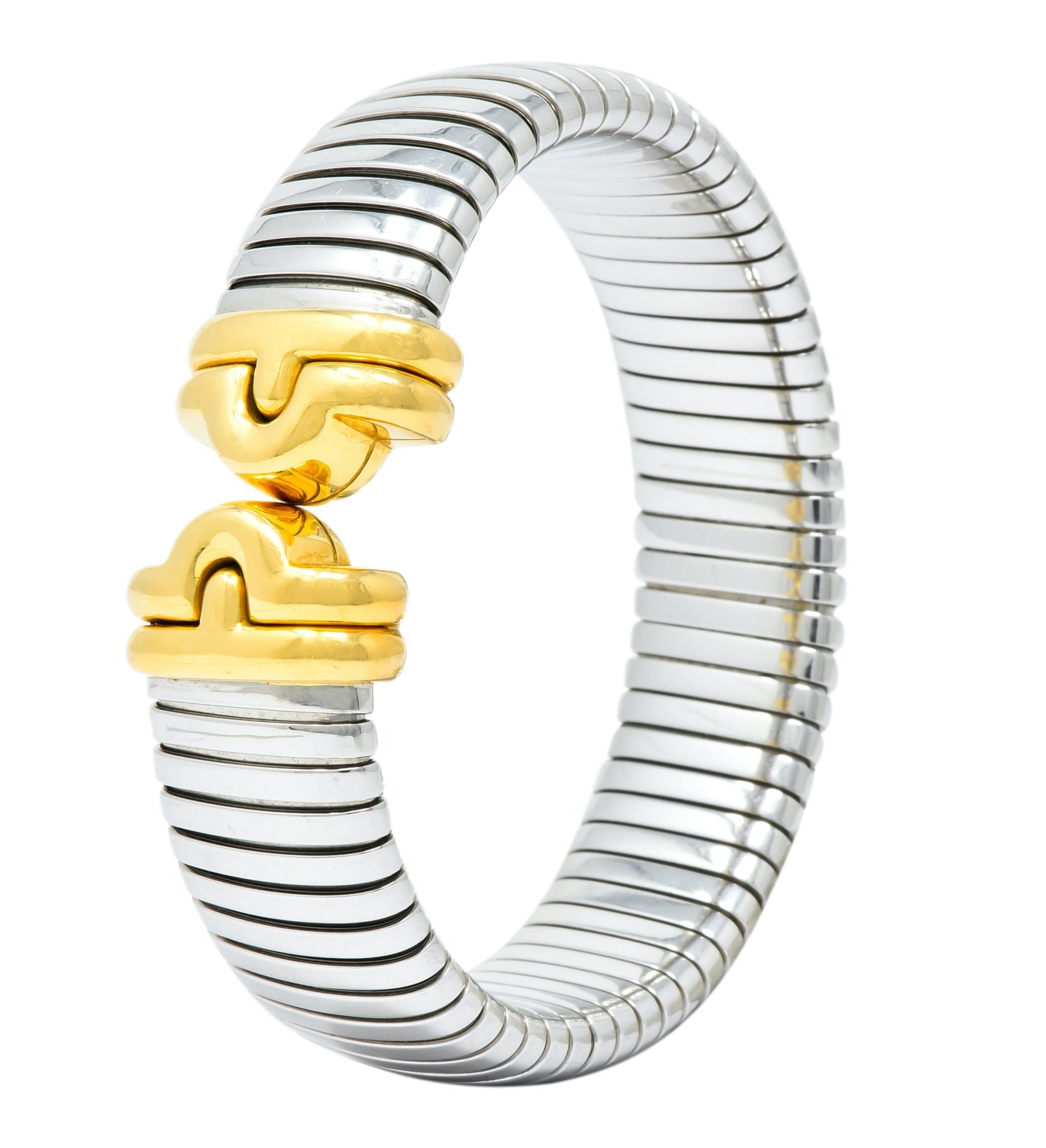 Bulgari 18 Karat Gold Steel Parentesi Tubogas Cuff Bracelet - Wilson's Estate Jewelry