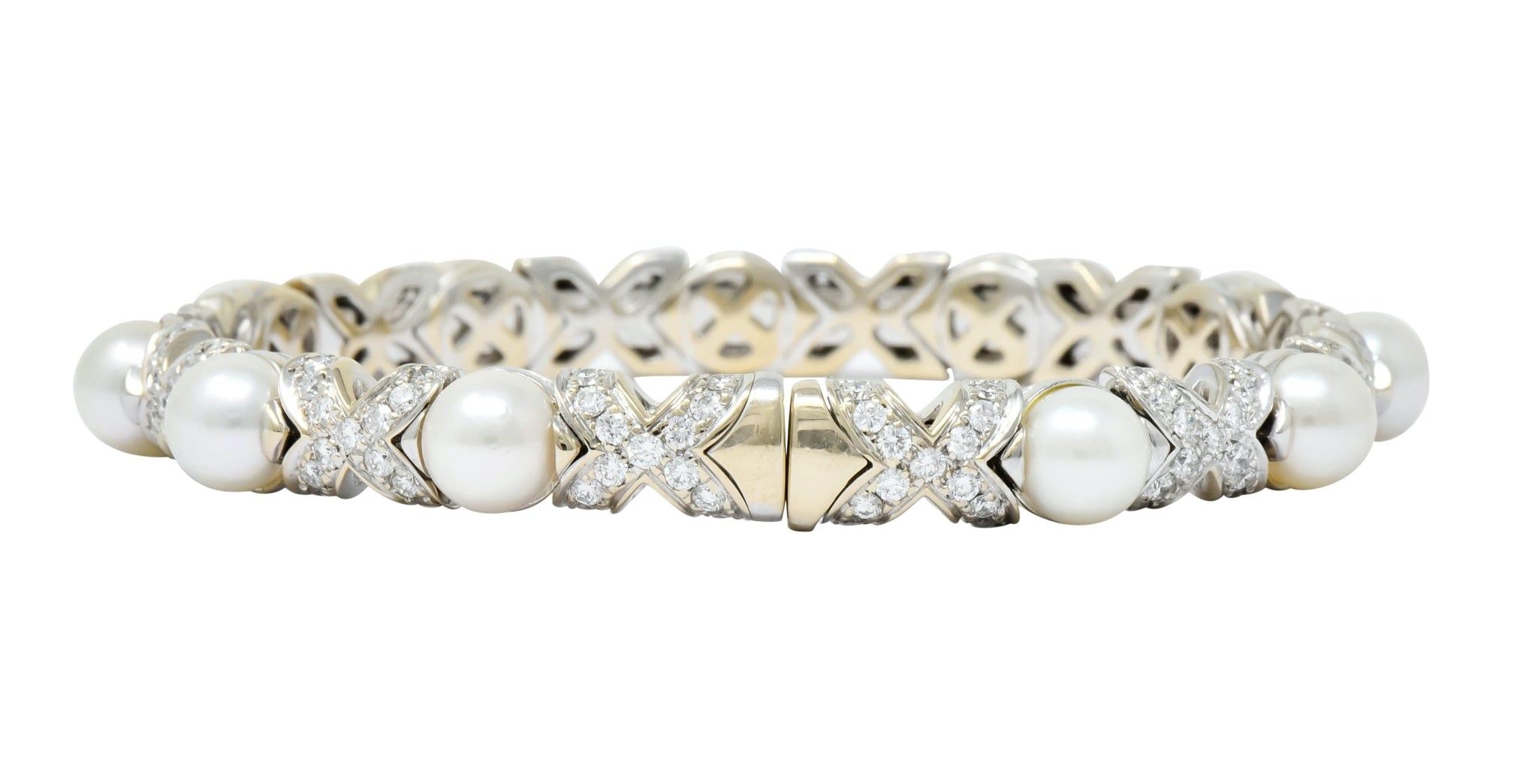 Bulgari 2.88 CTW Diamond Cultured Pearl 18 Karat White Gold X Cuff Bracelet - Wilson's Estate Jewelry