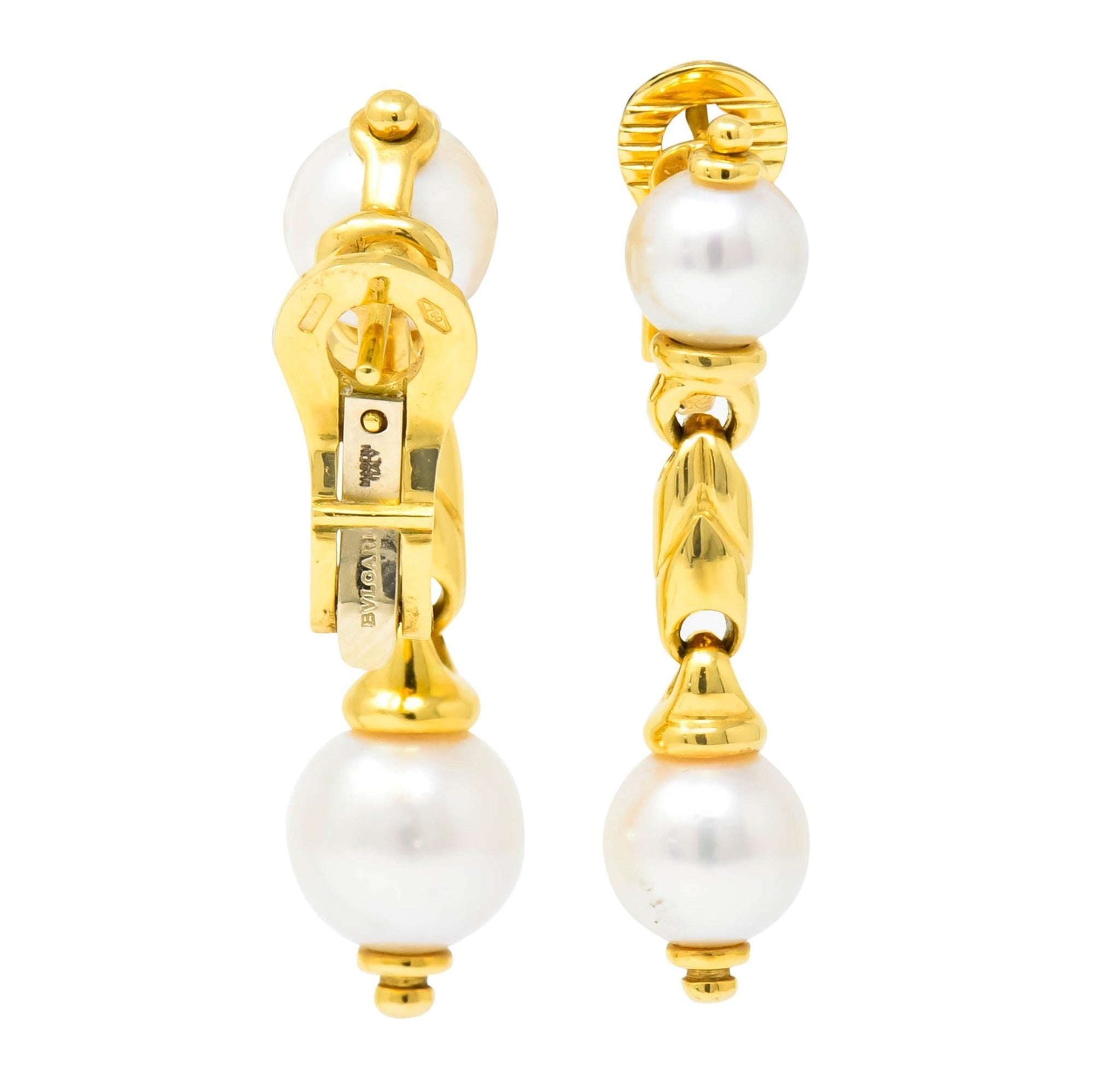 Bulgari Cultured Pearl 18 Karat Yellow Gold Drop Earrings Circa 1980 - Wilson's Estate Jewelry