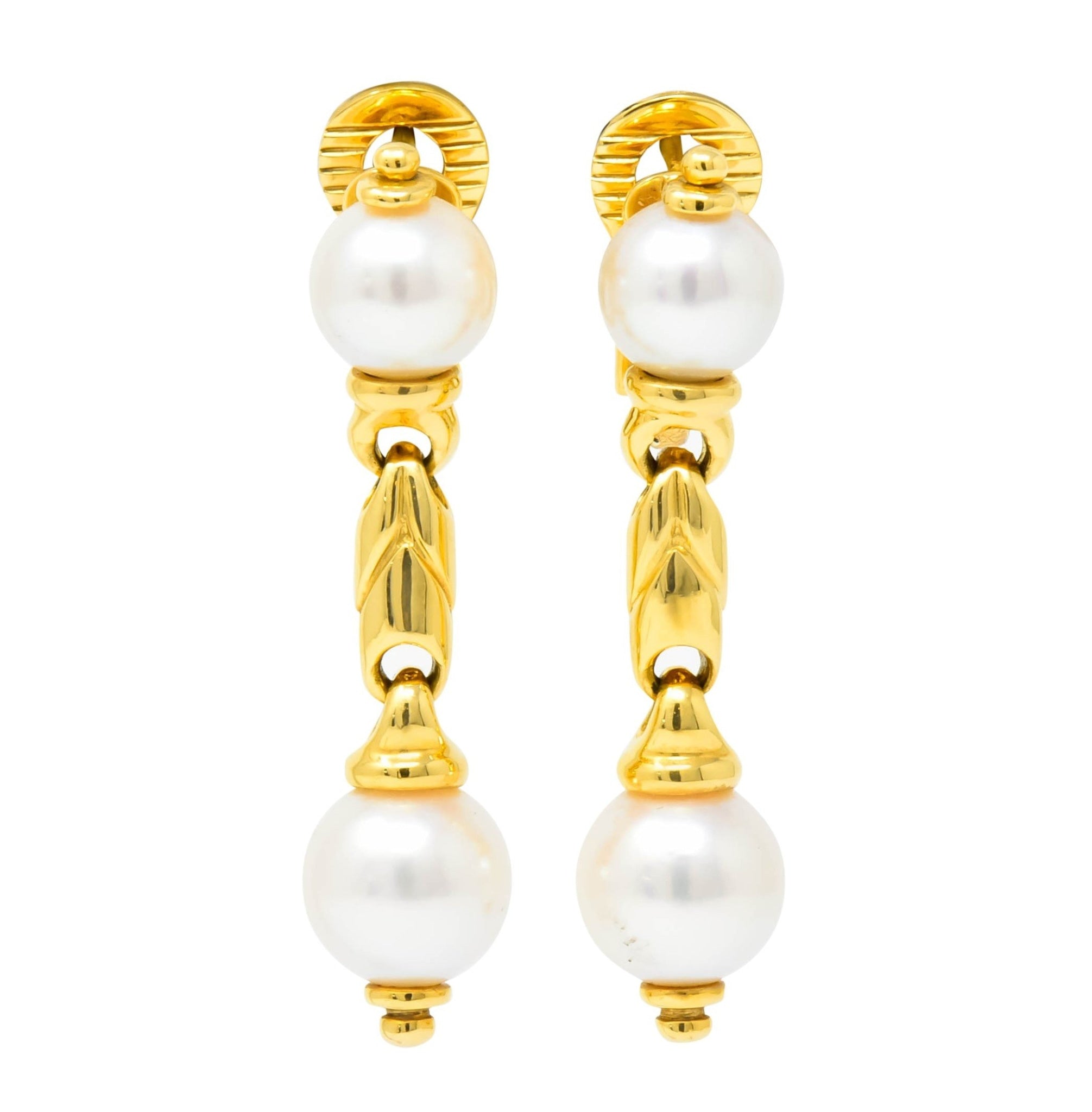 Bulgari Cultured Pearl 18 Karat Yellow Gold Drop Earrings Circa 1980 - Wilson's Estate Jewelry