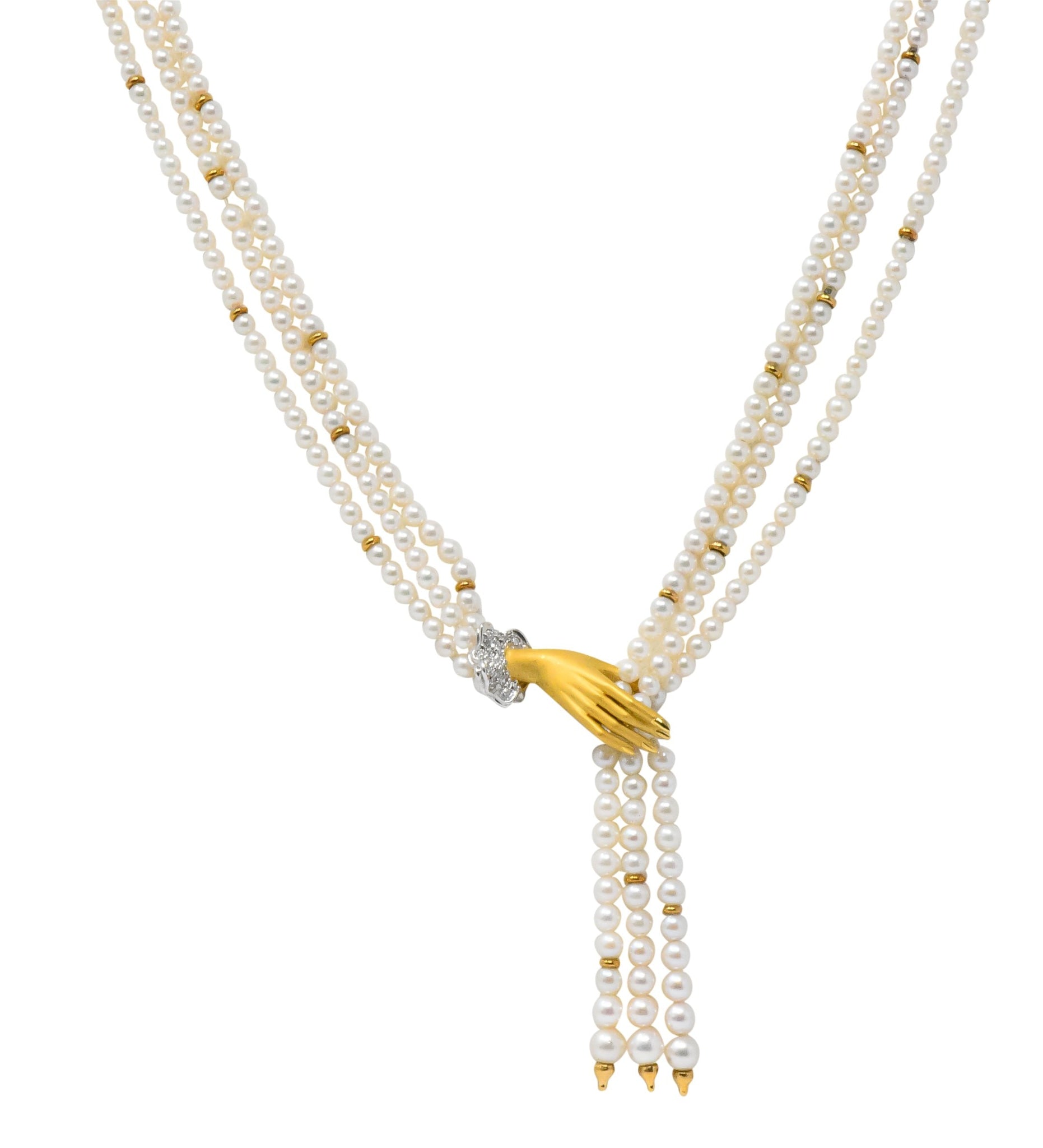 Carrera y Carrera 0.30 CTW Diamond Pearl 18 Karat Gold Las Manos Multi-Strand Necklace - Wilson's Estate Jewelry