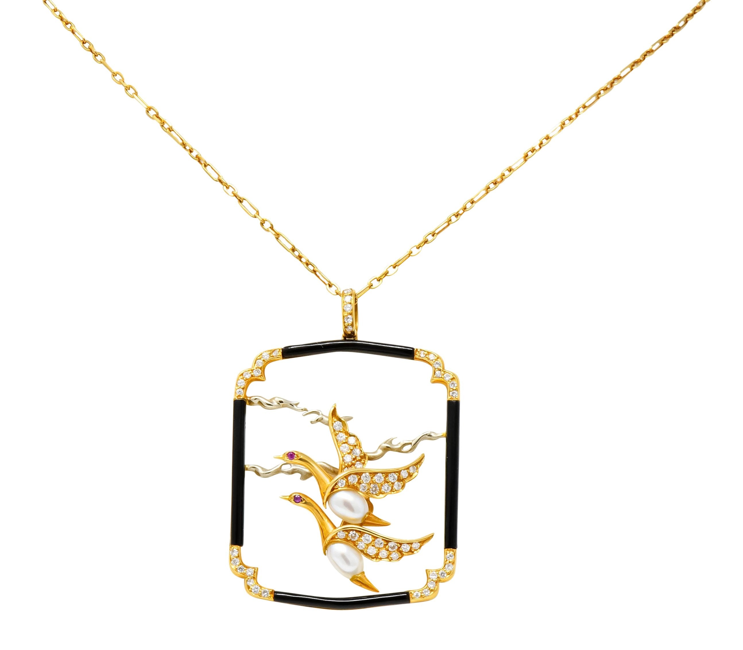 Carrera Y Carrera 1.00 CTW Diamond Onyx Pearl 18 Karat Two-Tone Gold Goose Pendant Necklace - Wilson's Estate Jewelry