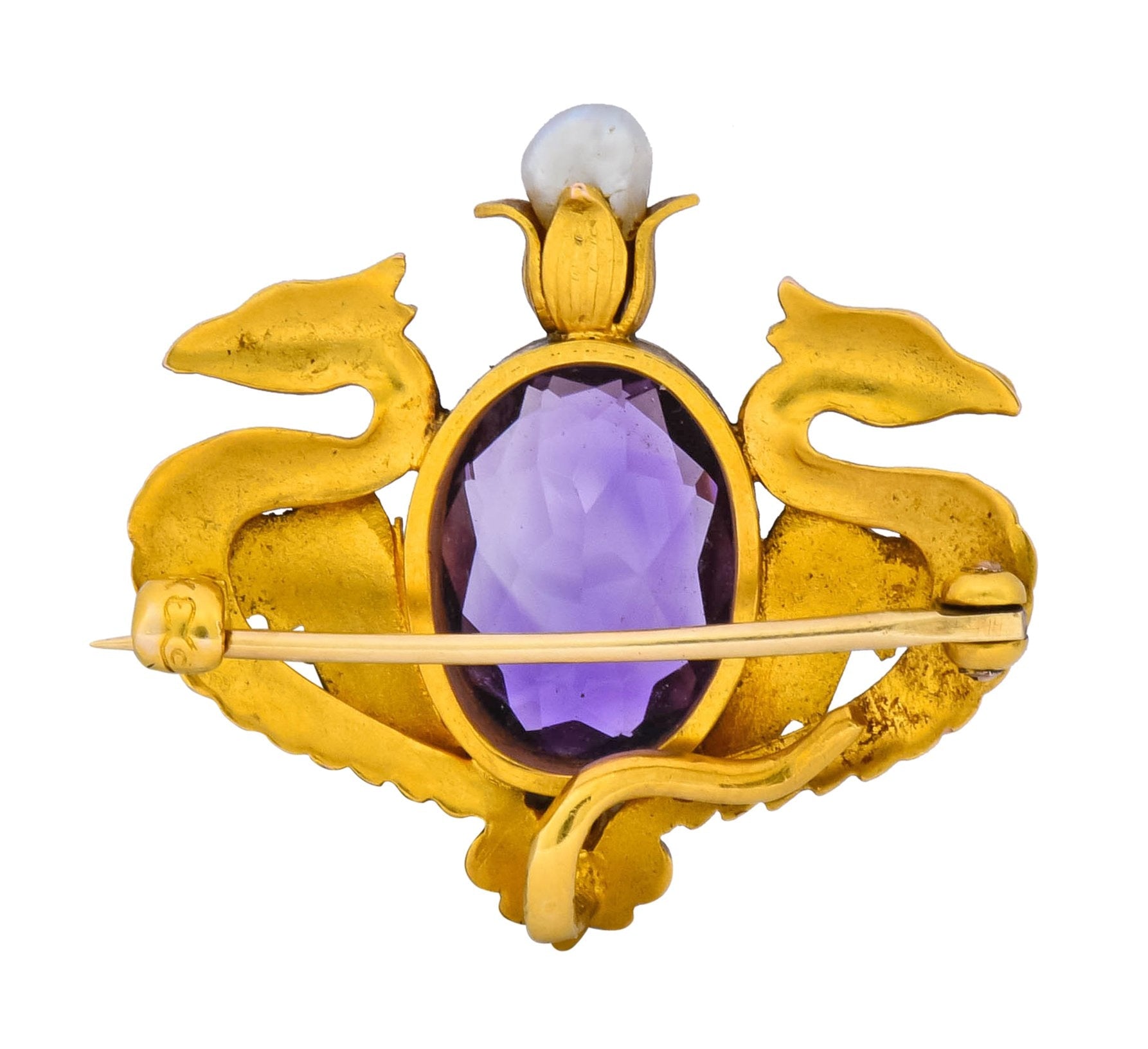 Carter & Gough Art Nouveau Amethyst Pearl 14 Karat Gold Winged Basilisk Brooch Circa 1900 - Wilson's Estate Jewelry