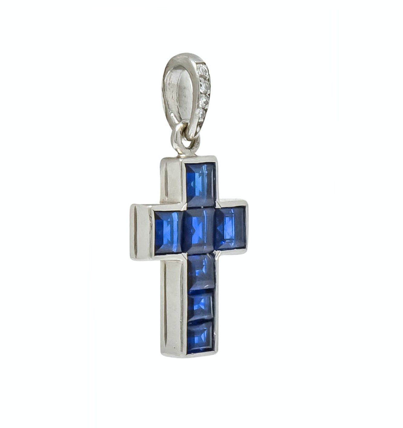 Cartier 1.25 CTW Sapphire Diamond Platinum Unisex Cross Pendant Charm - Wilson's Estate Jewelry