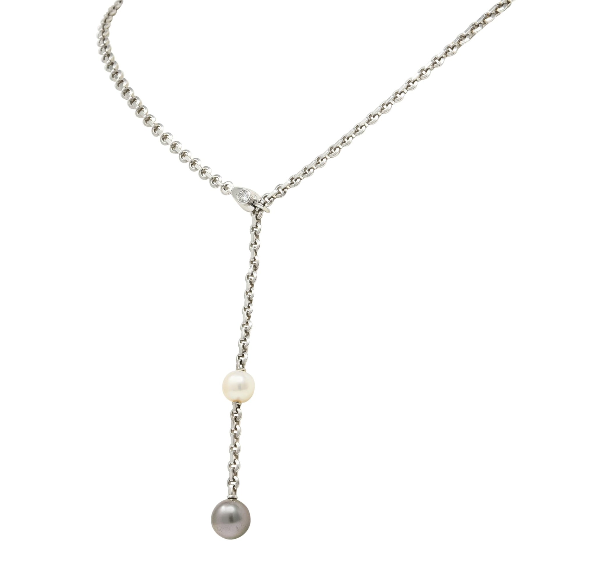 Cartier 2001 Diamond Cultured Pearl 18 Karat White Gold Lariat Drop Necklace - Wilson's Estate Jewelry