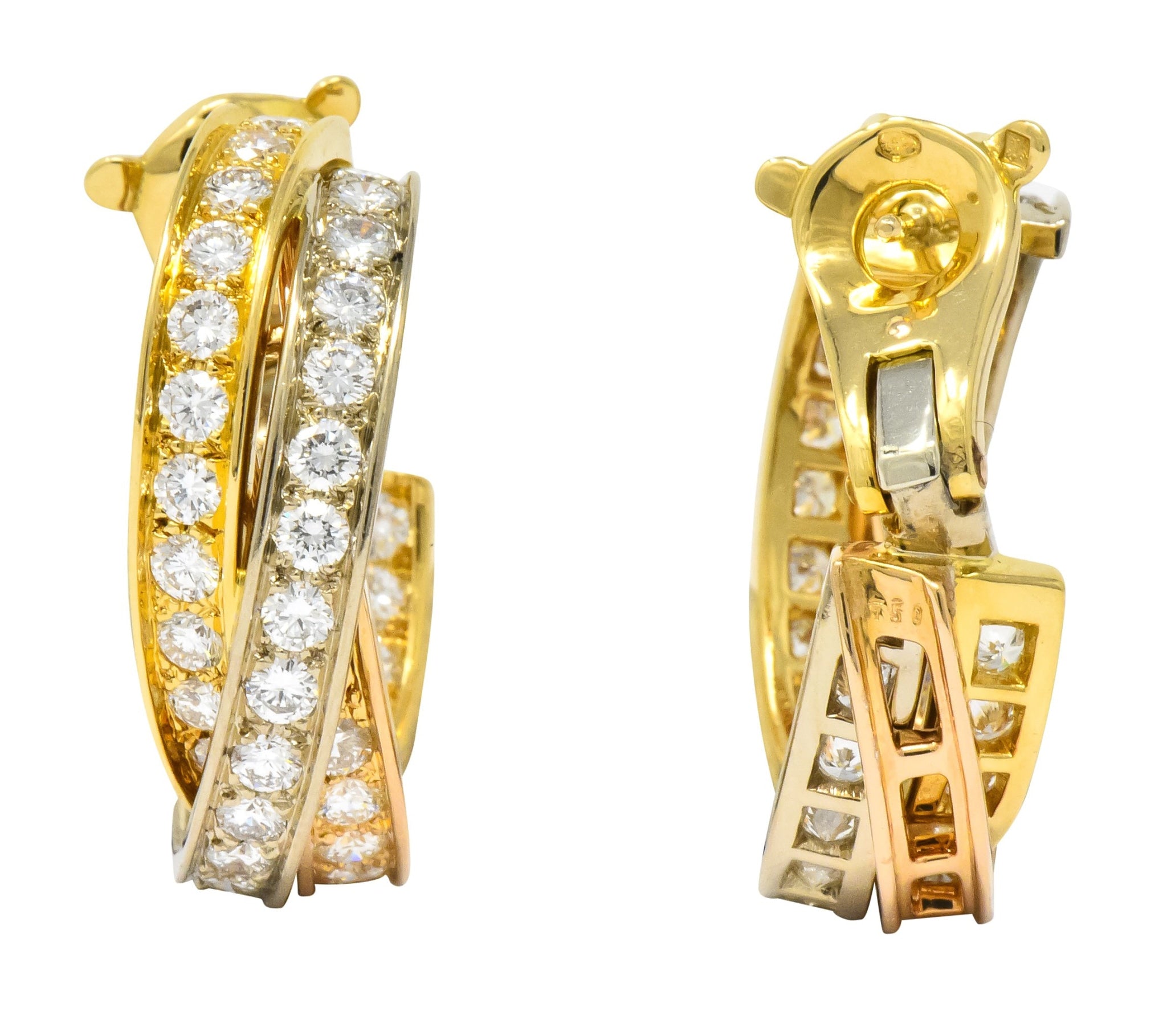 Cartier 5.00 CTW Round Brilliant Diamond 18 Karat Tri-Gold Trinity Earrings - Wilson's Estate Jewelry