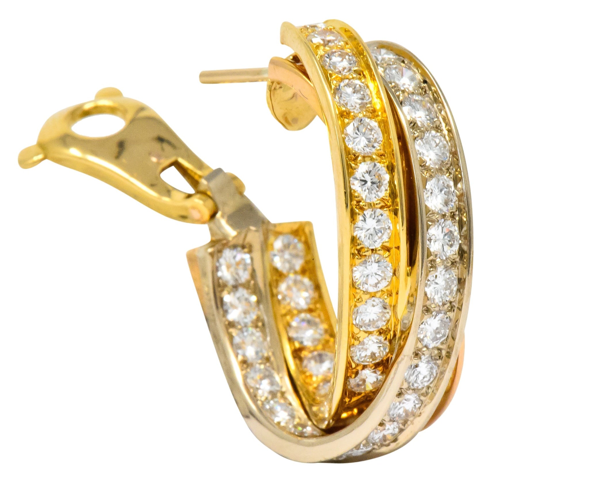 Cartier 5.00 CTW Round Brilliant Diamond 18 Karat Tri-Gold Trinity Earrings - Wilson's Estate Jewelry