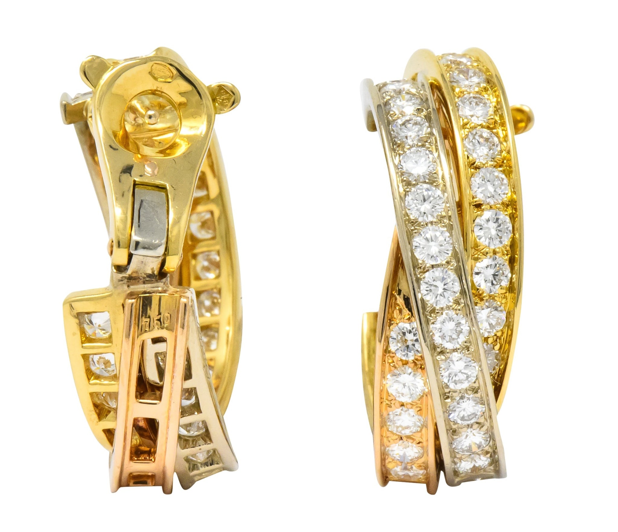 Cartier 5.00 CTW Round Brilliant Diamond 18 Karat Tri-Gold Trinity Earrings - Wilson's Estate Jewelry