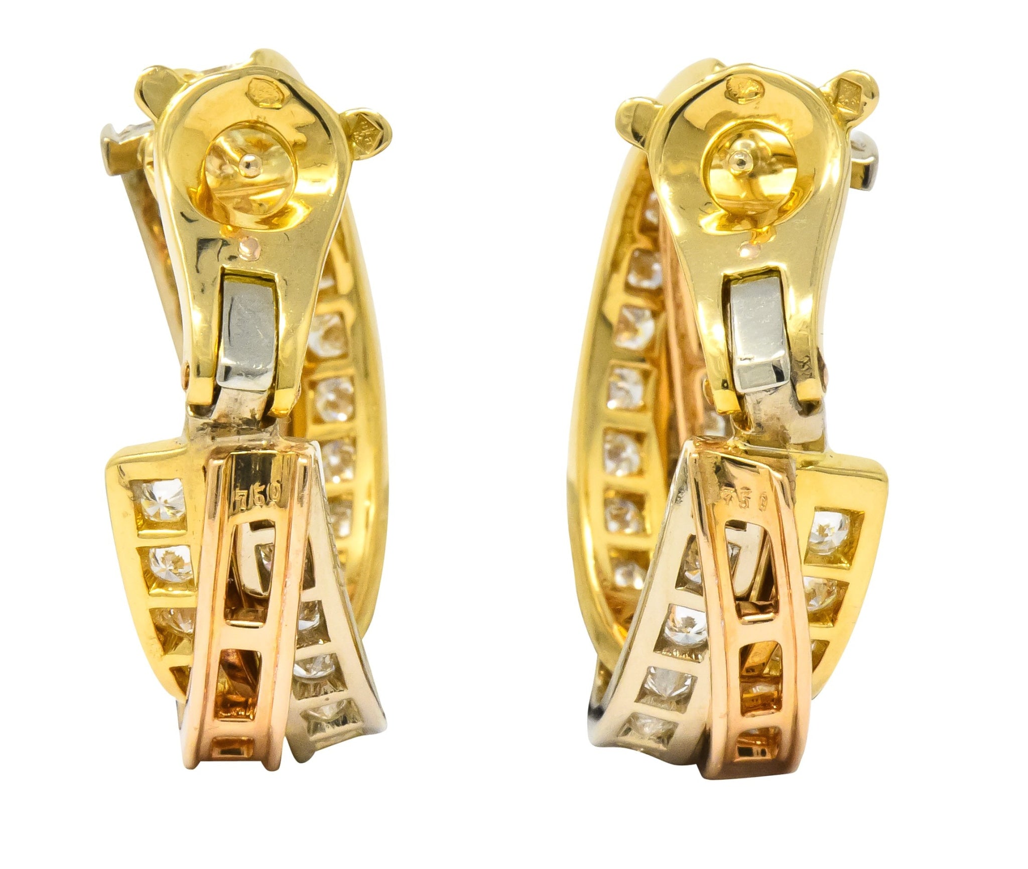 Cartier 5.00 CTW Round Brilliant Diamond 18 Karat Tri-Gold Trinity Earrings - Wilson's Estate Jewelry