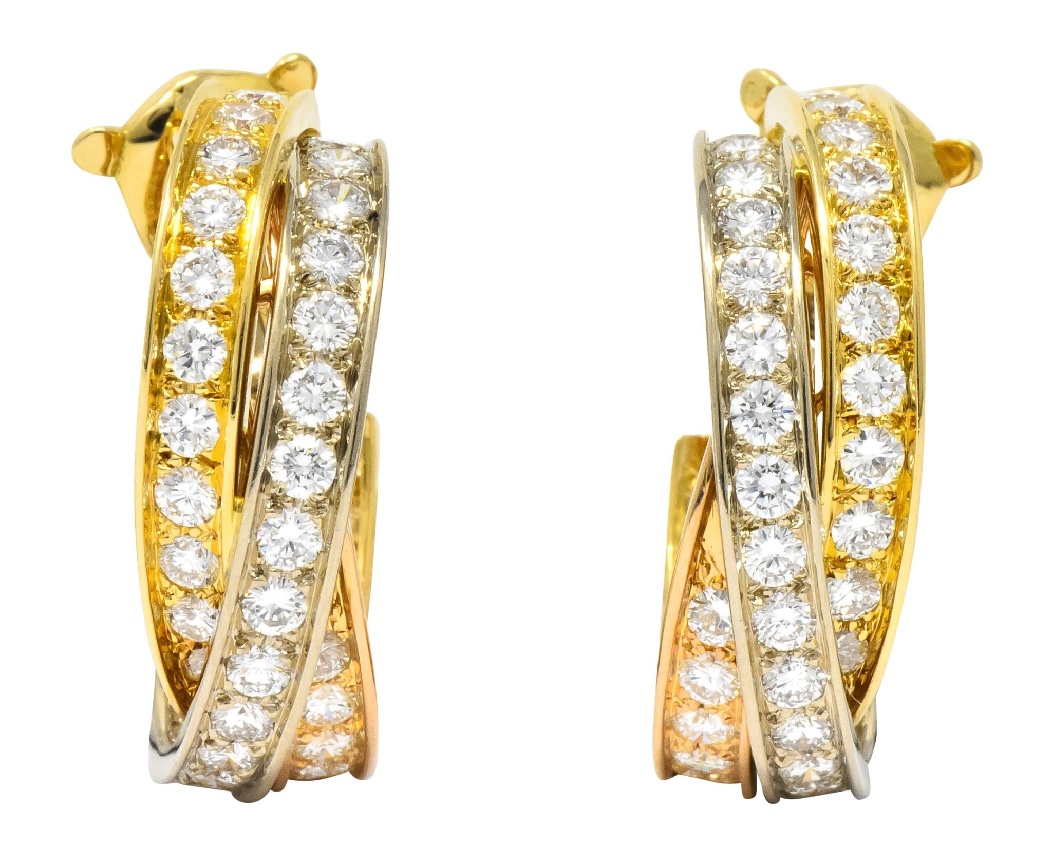 Cartier 5.00 CTW Round Brilliant Diamond 18 Karat Tri-Gold Trinity Earrings - Wilson's Estate Jewelry