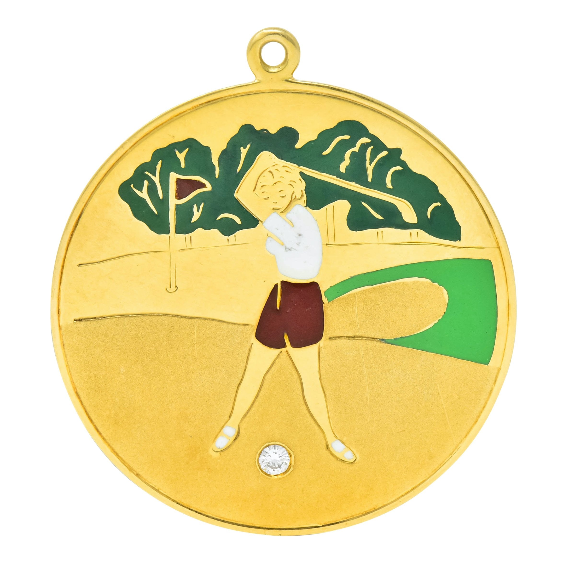 Cartier Mid-Century Diamond Enamel 14 Karat Gold Large Golfer Charm Pendant - Wilson's Estate Jewelry