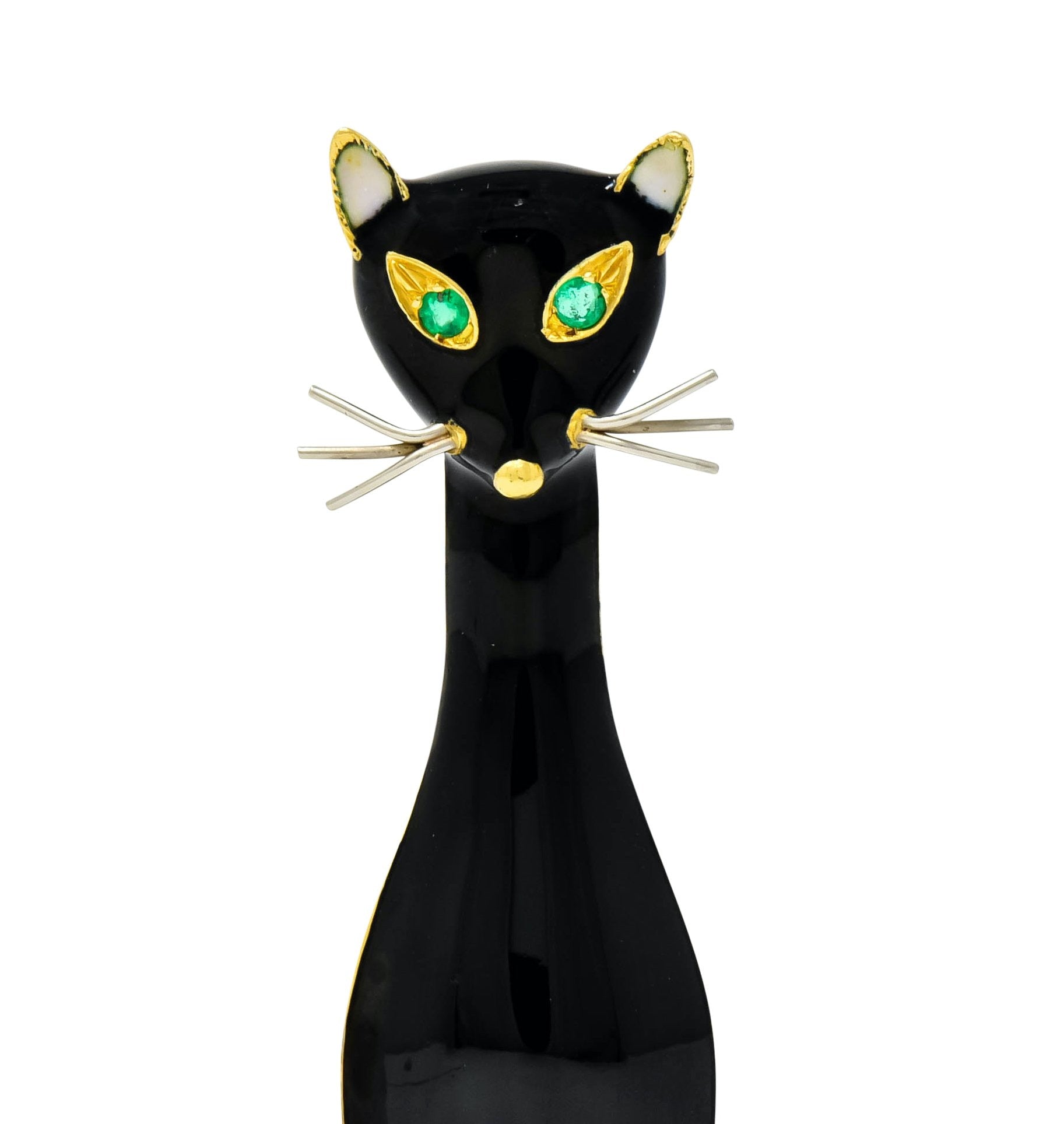Cellino Retro Black Enamel Emerald 18 Karat Gold Cat Brooch - Wilson's Estate Jewelry
