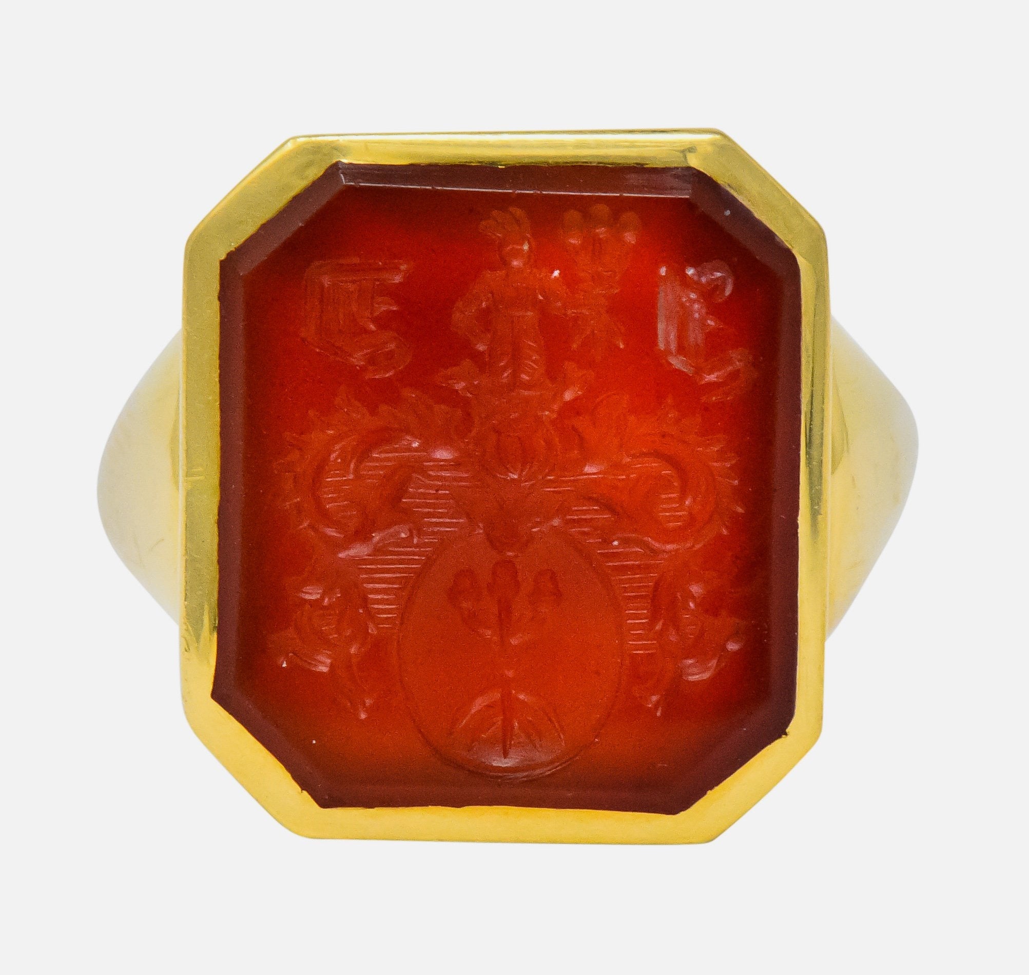 Charles Green & Son Vintage English Carnelian Intaglio 18 Karat Gold Unisex Signet Ring - Wilson's Estate Jewelry