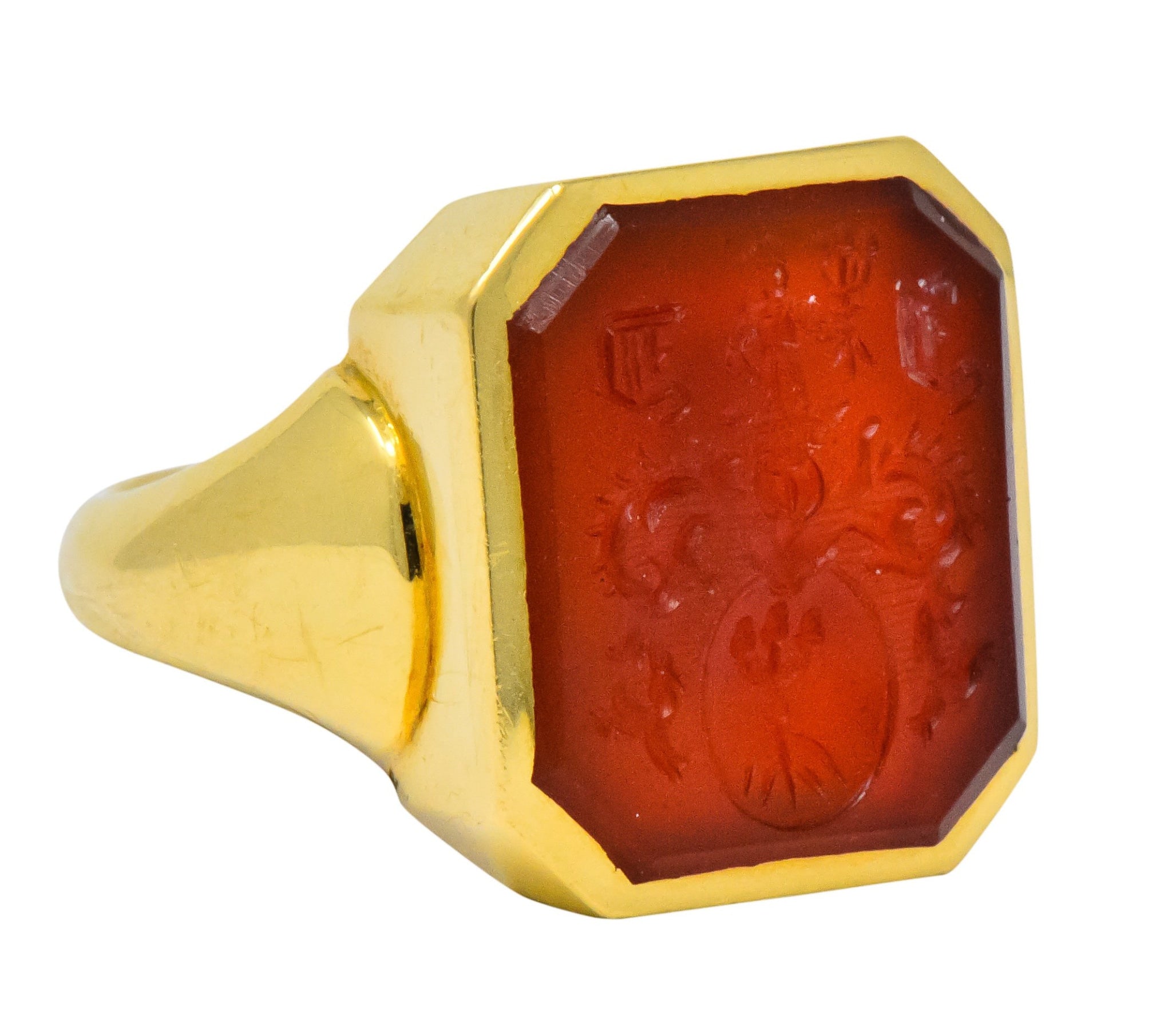 Charles Green & Son Vintage English Carnelian Intaglio 18 Karat Gold Unisex Signet Ring - Wilson's Estate Jewelry