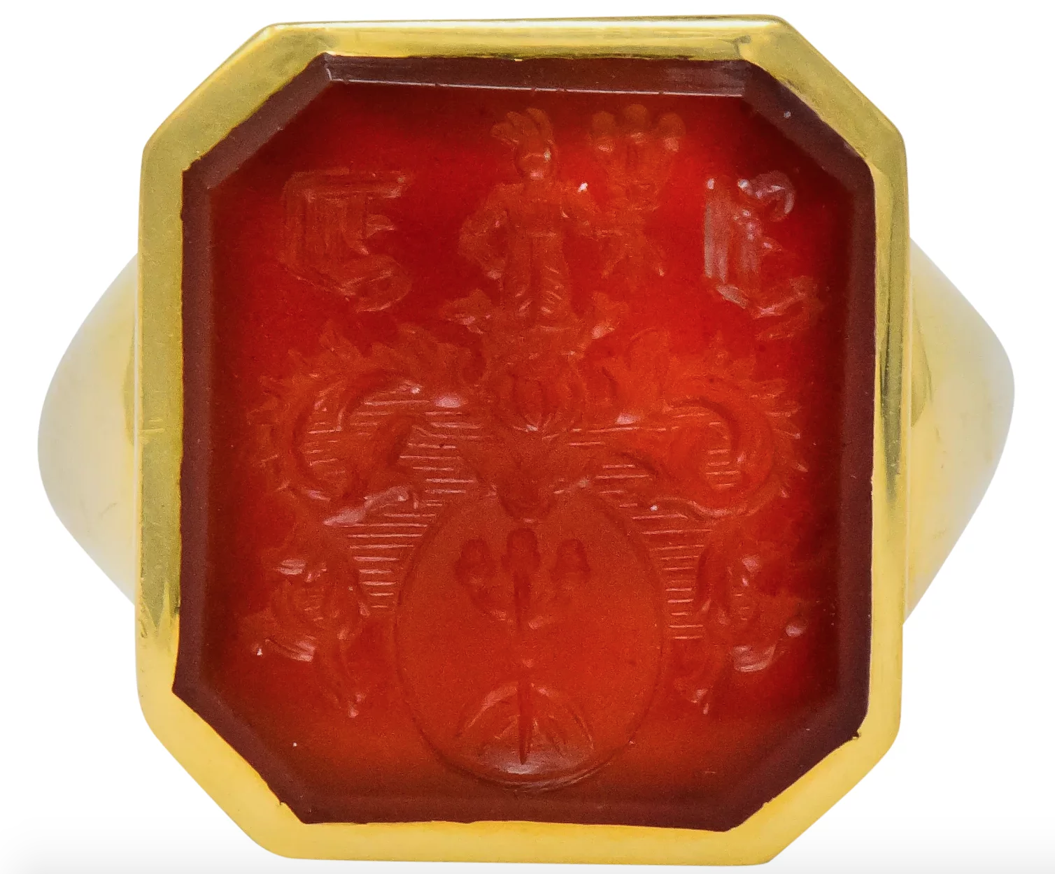 Charles Green & Son Vintage English Carnelian Intaglio 18 Karat Gold Unisex Signet Ring - Wilson's Estate Jewelry