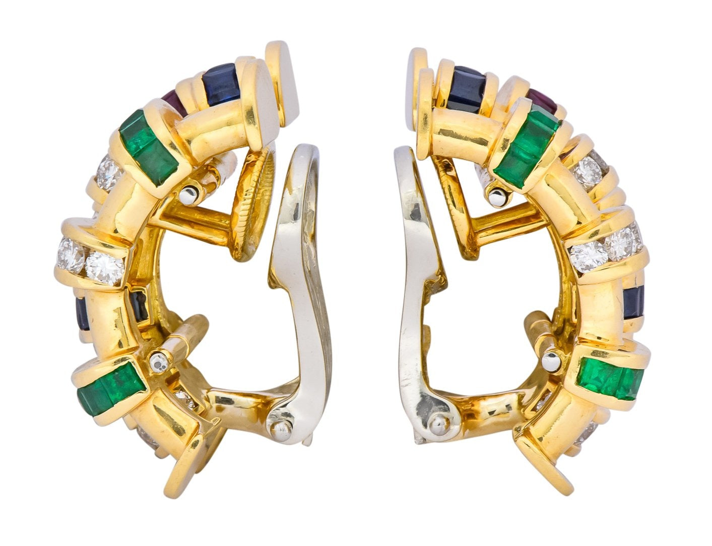 Charles Krypell 4.40 CTW Sapphire Ruby Emerald Diamond 18 Karat Gold Ear-Clip Earrings - Wilson's Estate Jewelry