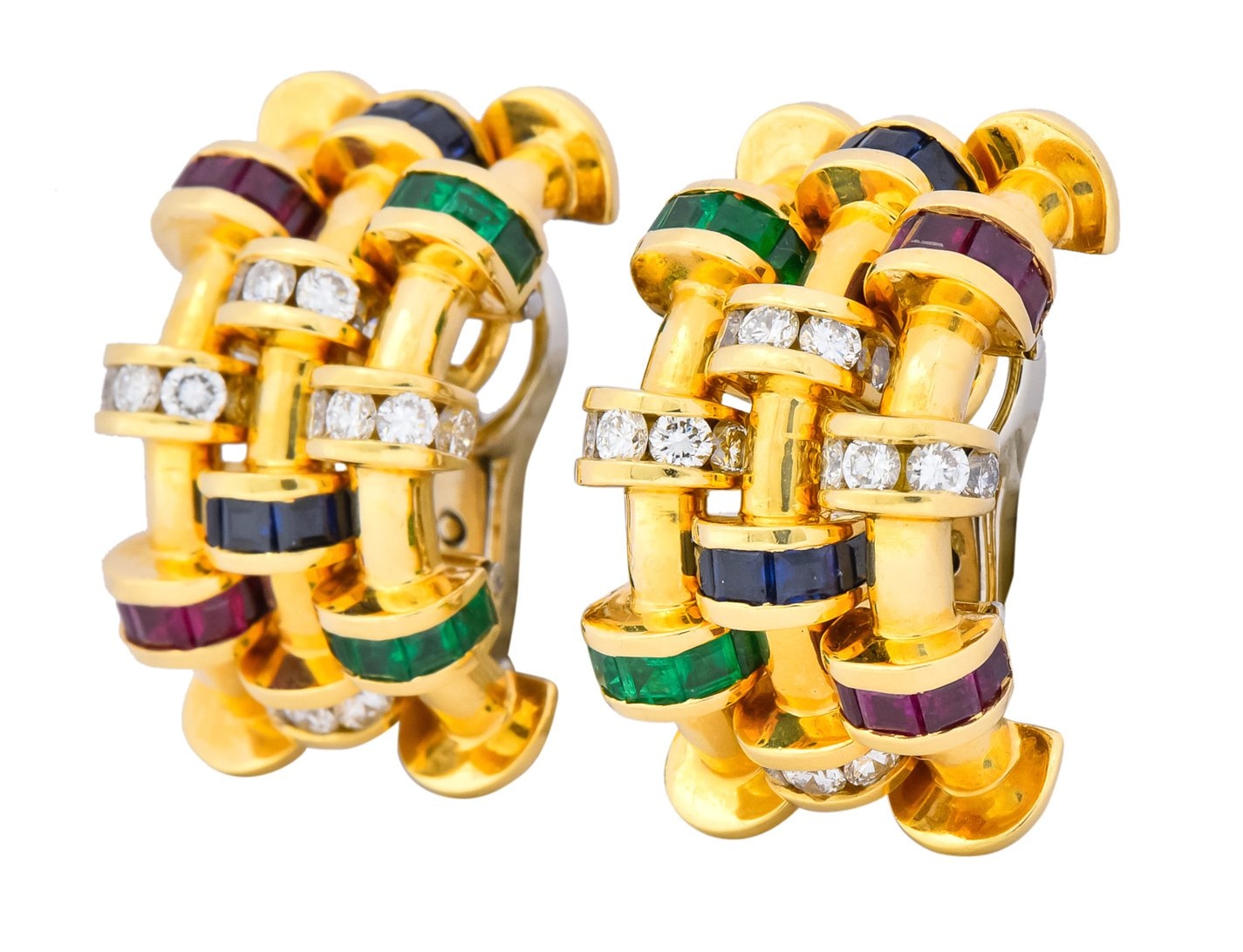 Charles Krypell 4.40 CTW Sapphire Ruby Emerald Diamond 18 Karat Gold Ear-Clip Earrings - Wilson's Estate Jewelry