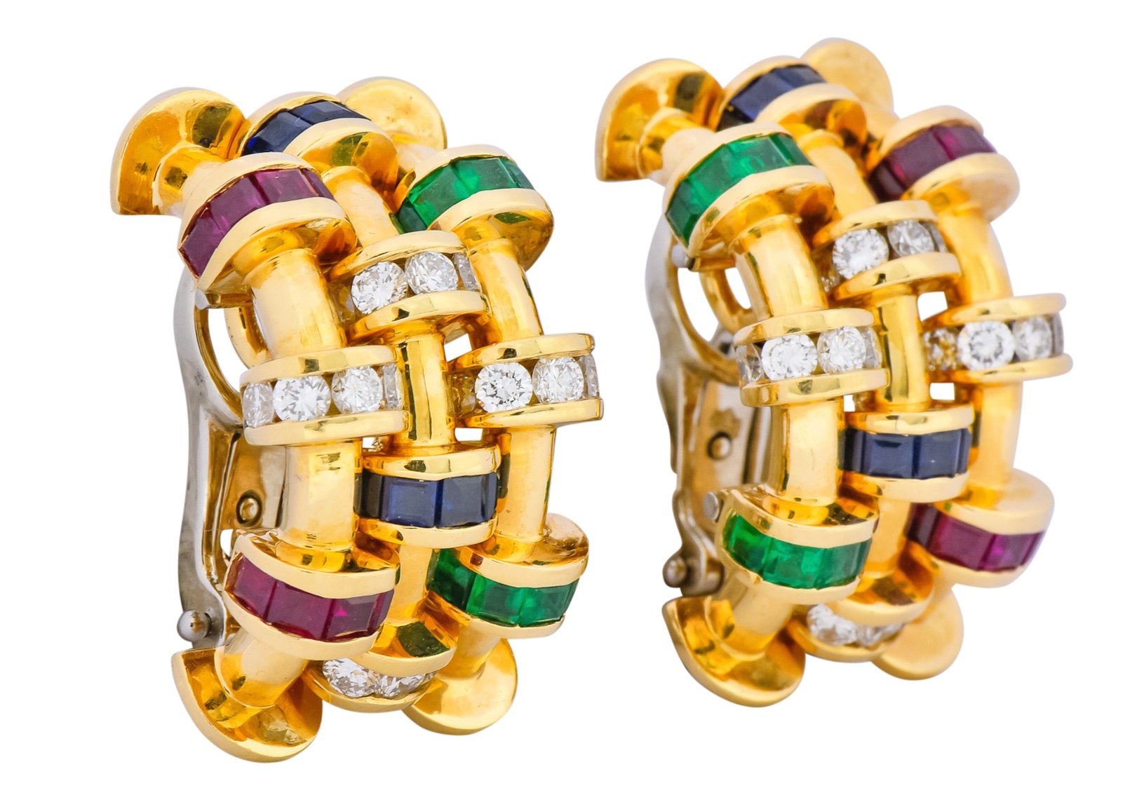 Charles Krypell 4.40 CTW Sapphire Ruby Emerald Diamond 18 Karat Gold Ear-Clip Earrings - Wilson's Estate Jewelry