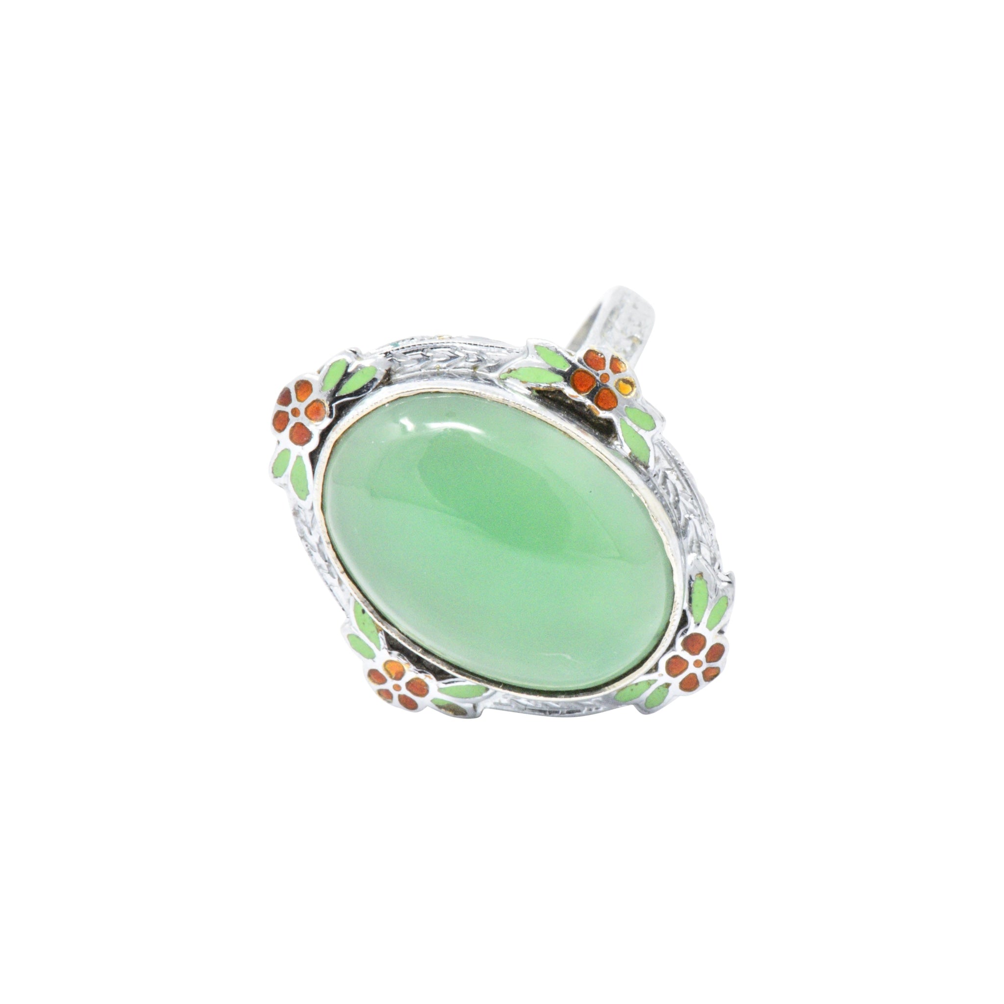 Cheerful Chrysoprase, Enamel & 14 Karat White Gold Ring, Circa 1930's Wilson's Estate Jewelry