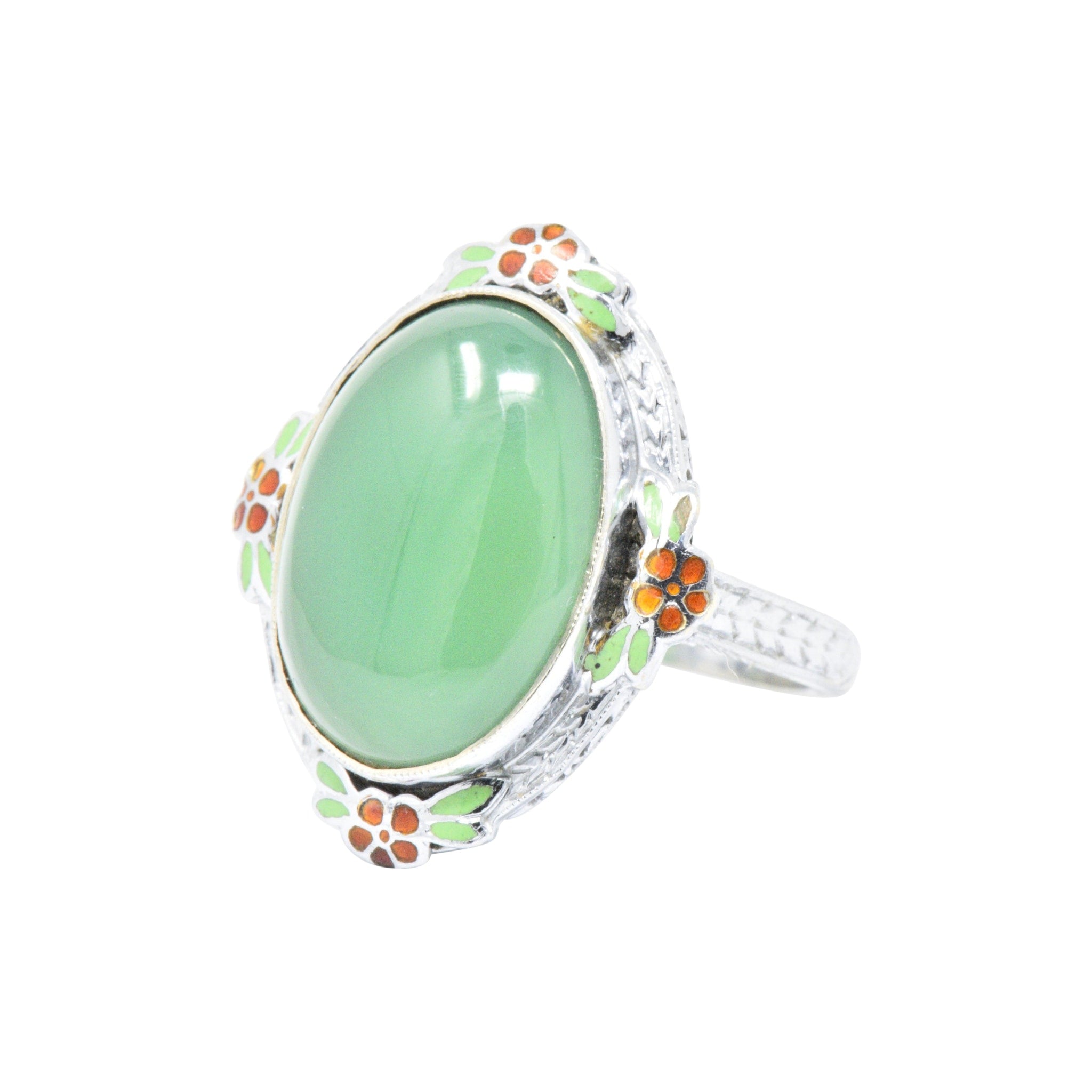 Cheerful Chrysoprase, Enamel & 14 Karat White Gold Ring, Circa 1930's Wilson's Estate Jewelry