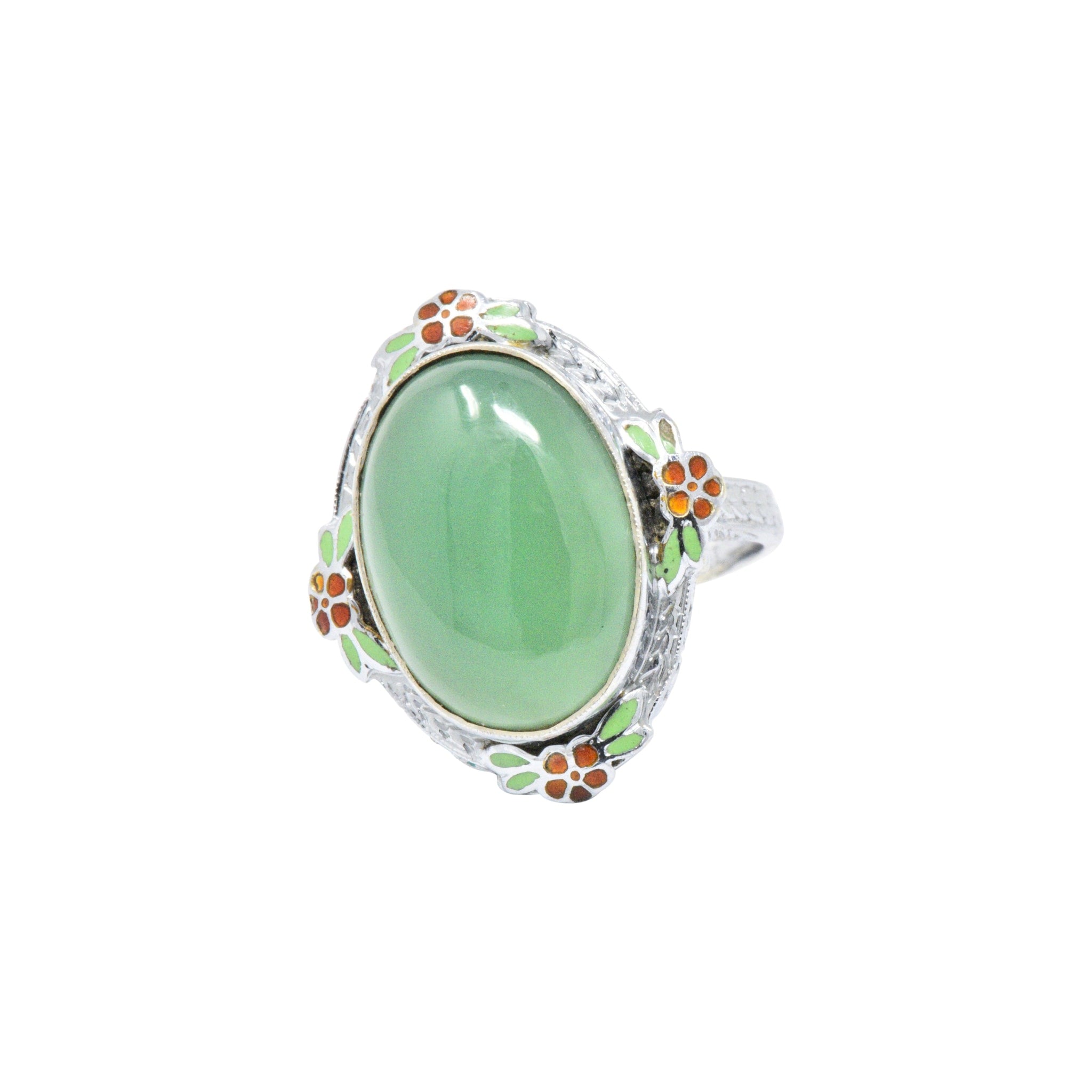 Cheerful Chrysoprase, Enamel & 14 Karat White Gold Ring, Circa 1930's Wilson's Estate Jewelry