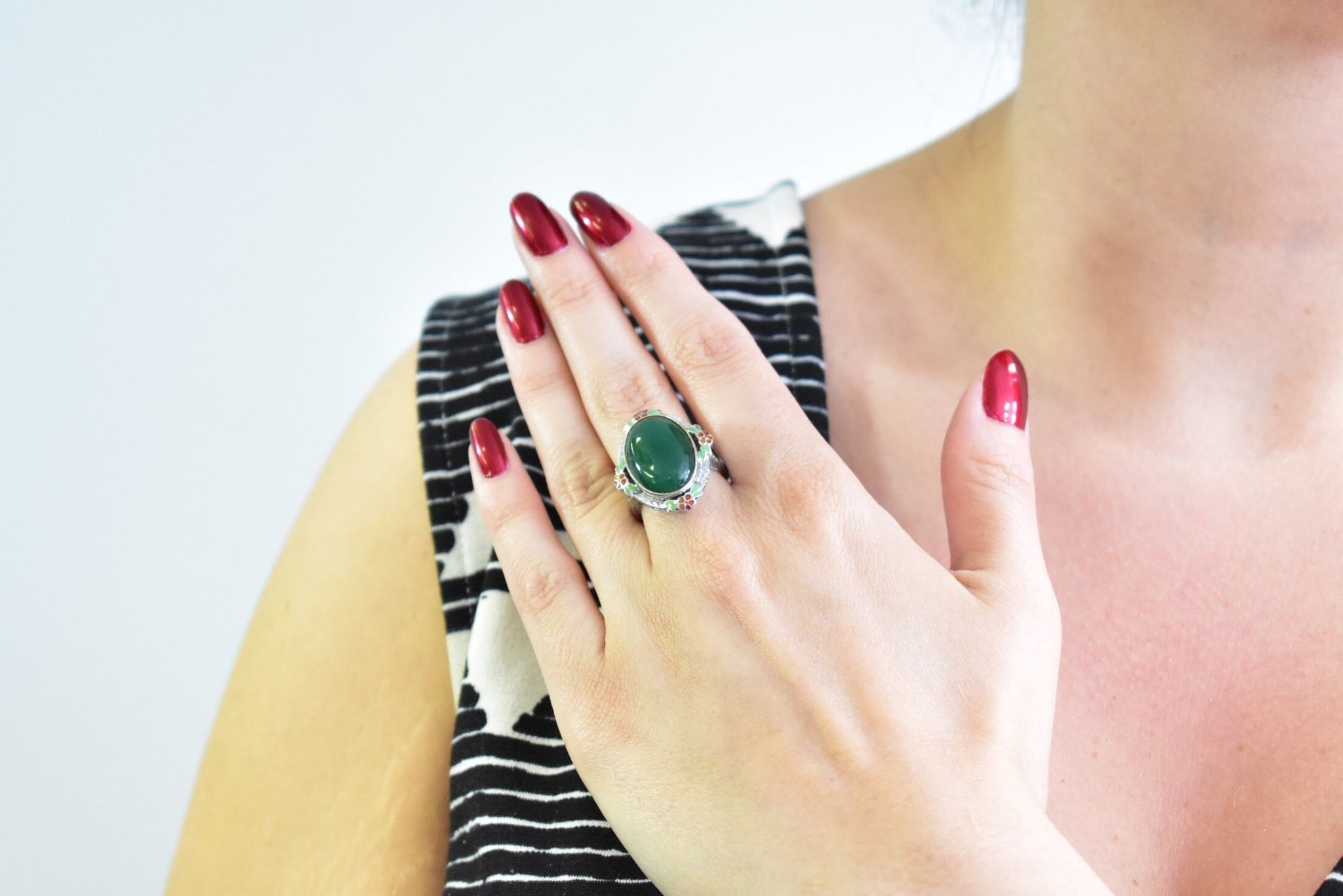 Cheerful Chrysoprase, Enamel & 14 Karat White Gold Ring, Circa 1930's Wilson's Estate Jewelry