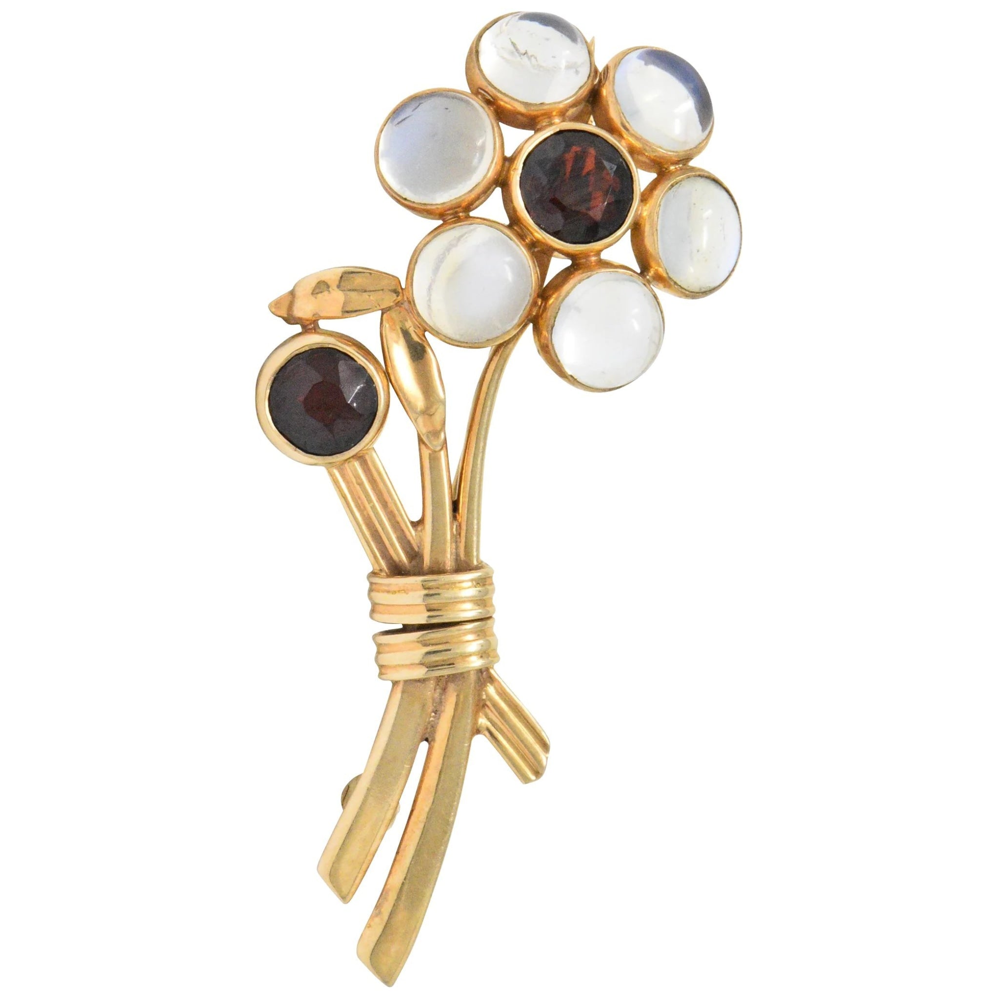 Church & Company 1.50 CTW Garnet Moonstone 14 Karat Rose Gold Flower Brooch Wilson's Estate Jewelry