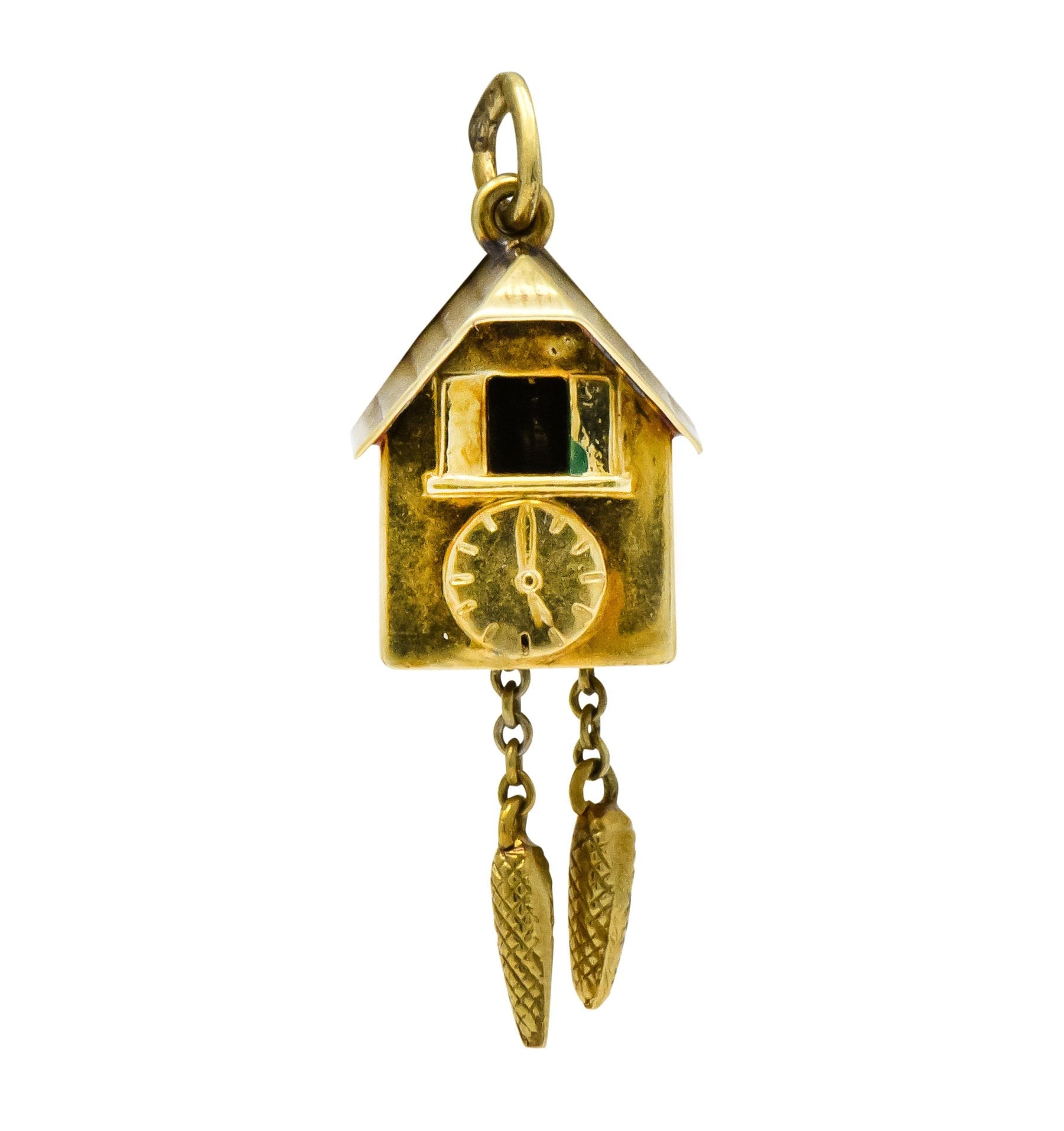 Circa 1905 Antique Enamel 14 Karat Gold German Cuckoo Clock Charm - Wilson's Estate Jewelry