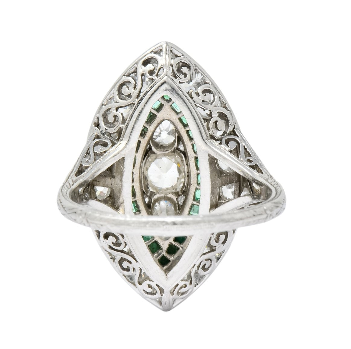 Circa 1915 Edwardian 2.95 CTW Diamond Emerald Platinum Dinner Ring - Wilson's Estate Jewelry