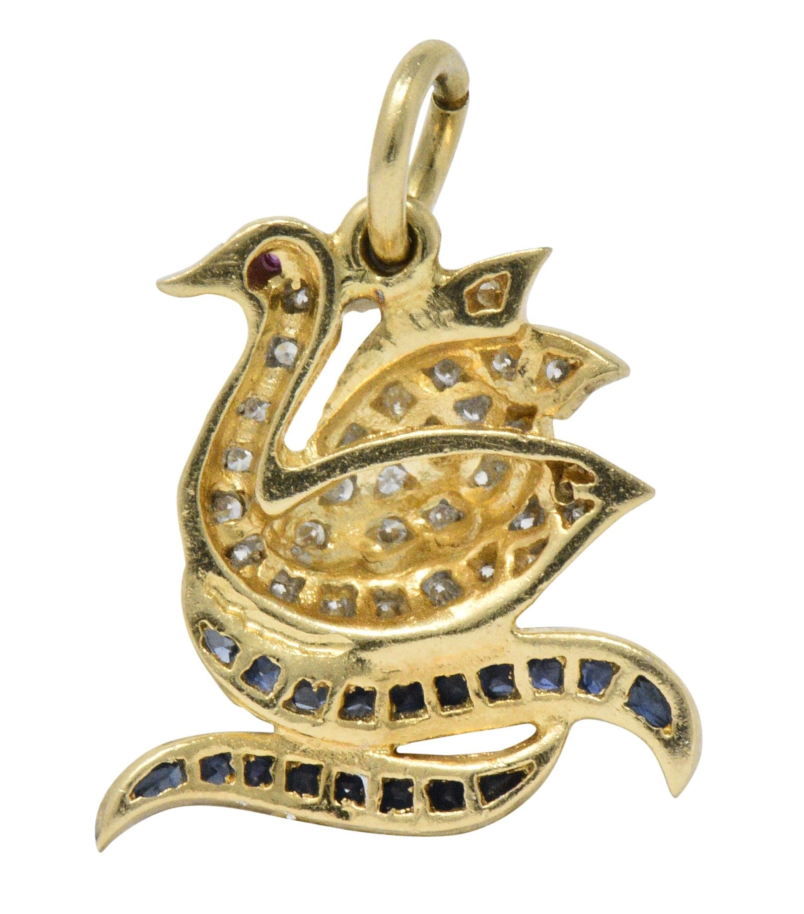 Circa 1980's Vintage 0.40 CTW Diamond Sapphire Ruby 18 Karat Gold Swan Charm Wilson's Estate Jewelry