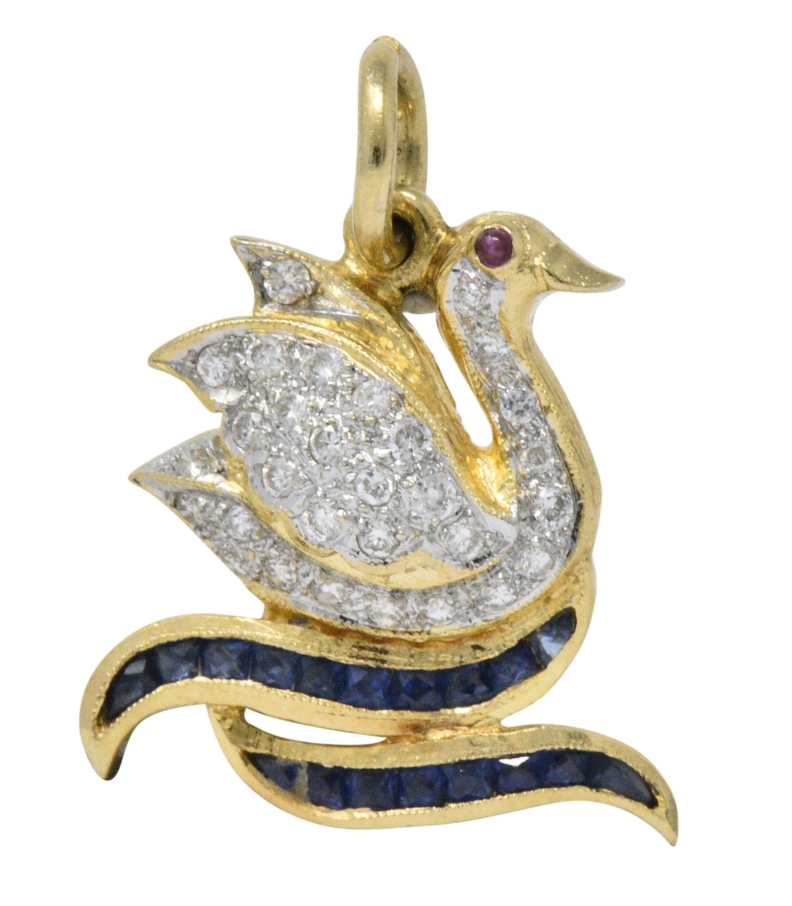 Circa 1980's Vintage 0.40 CTW Diamond Sapphire Ruby 18 Karat Gold Swan Charm Wilson's Estate Jewelry