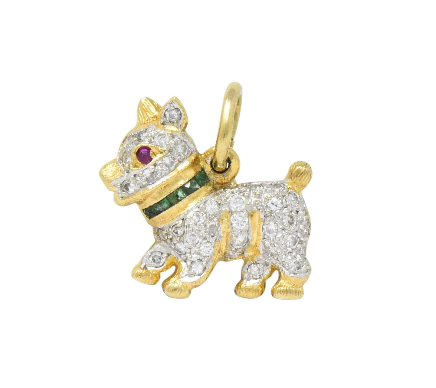 1980's Vintage 0.55 CTW Diamond Emerald 18 Karat Two-Tone Gold Scottie Terrier Charm Wilson's Estate Jewelry