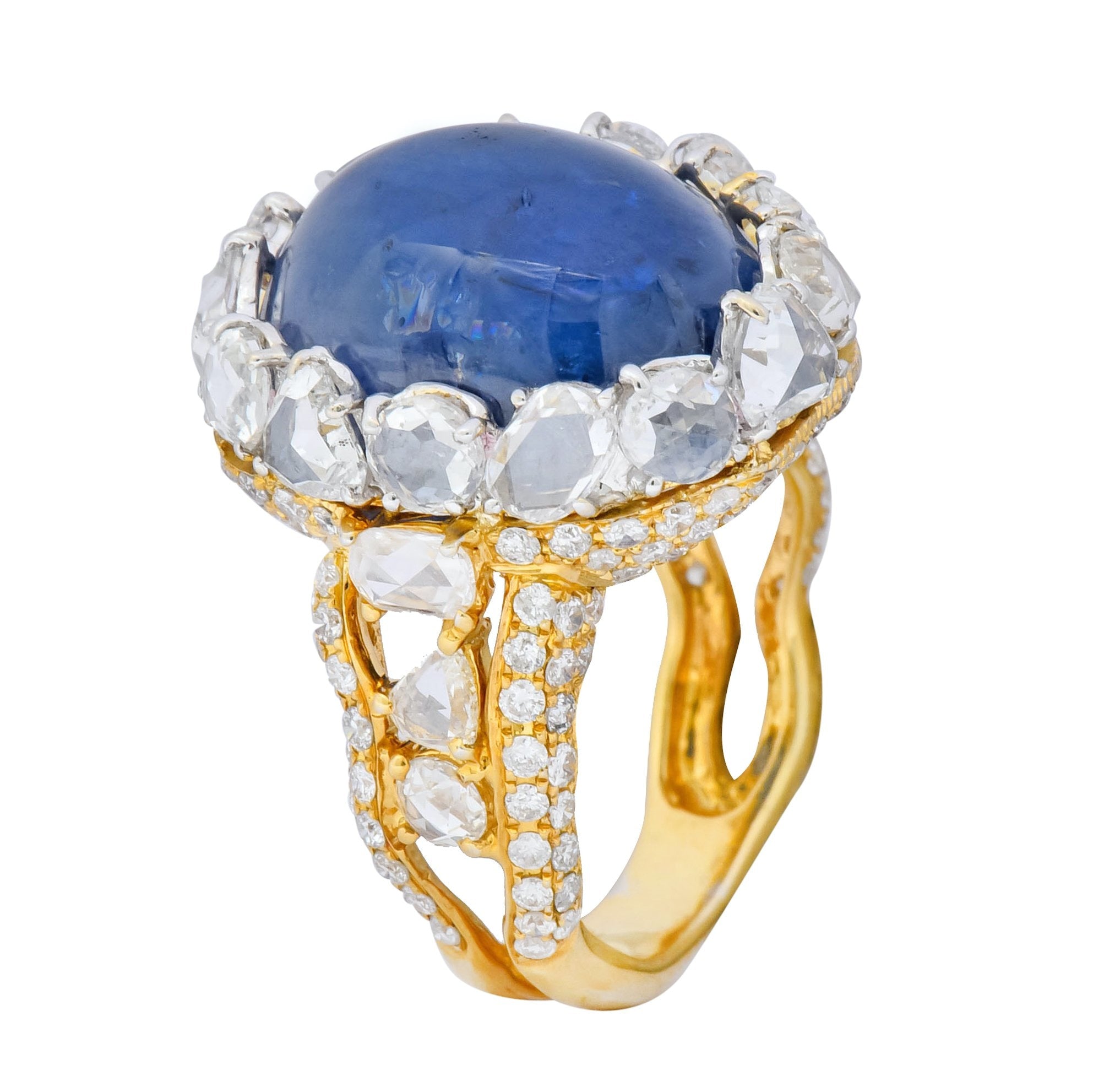 Contemporary 17.00 CTW Sapphire Diamond 18 Karat Gold Cluster Cocktail Ring - Wilson's Estate Jewelry