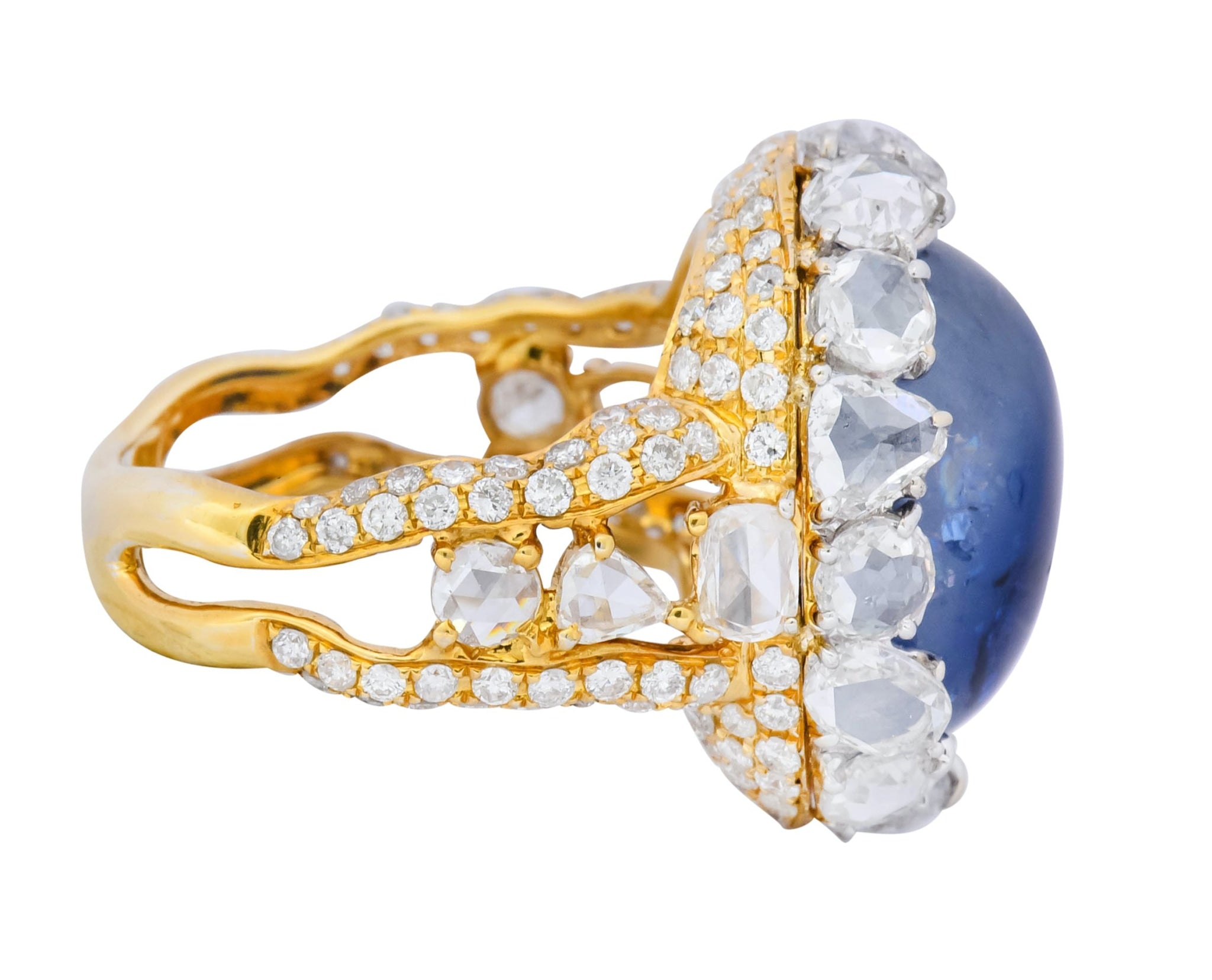 Contemporary 17.00 CTW Sapphire Diamond 18 Karat Gold Cluster Cocktail Ring - Wilson's Estate Jewelry
